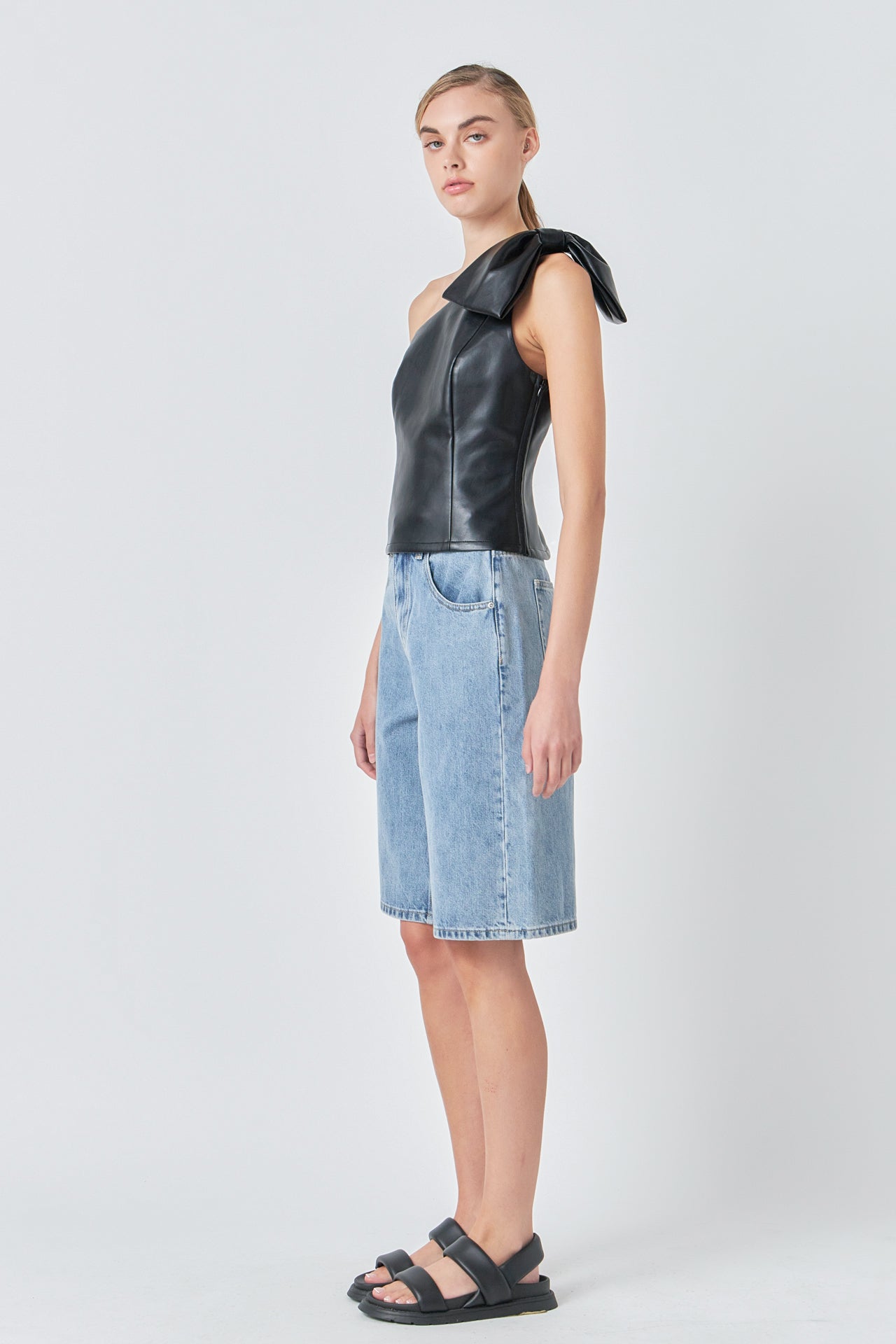 GREY LAB - Asymmetric Faux Leather Top with Bow Tie - TOPS available at Objectrare
