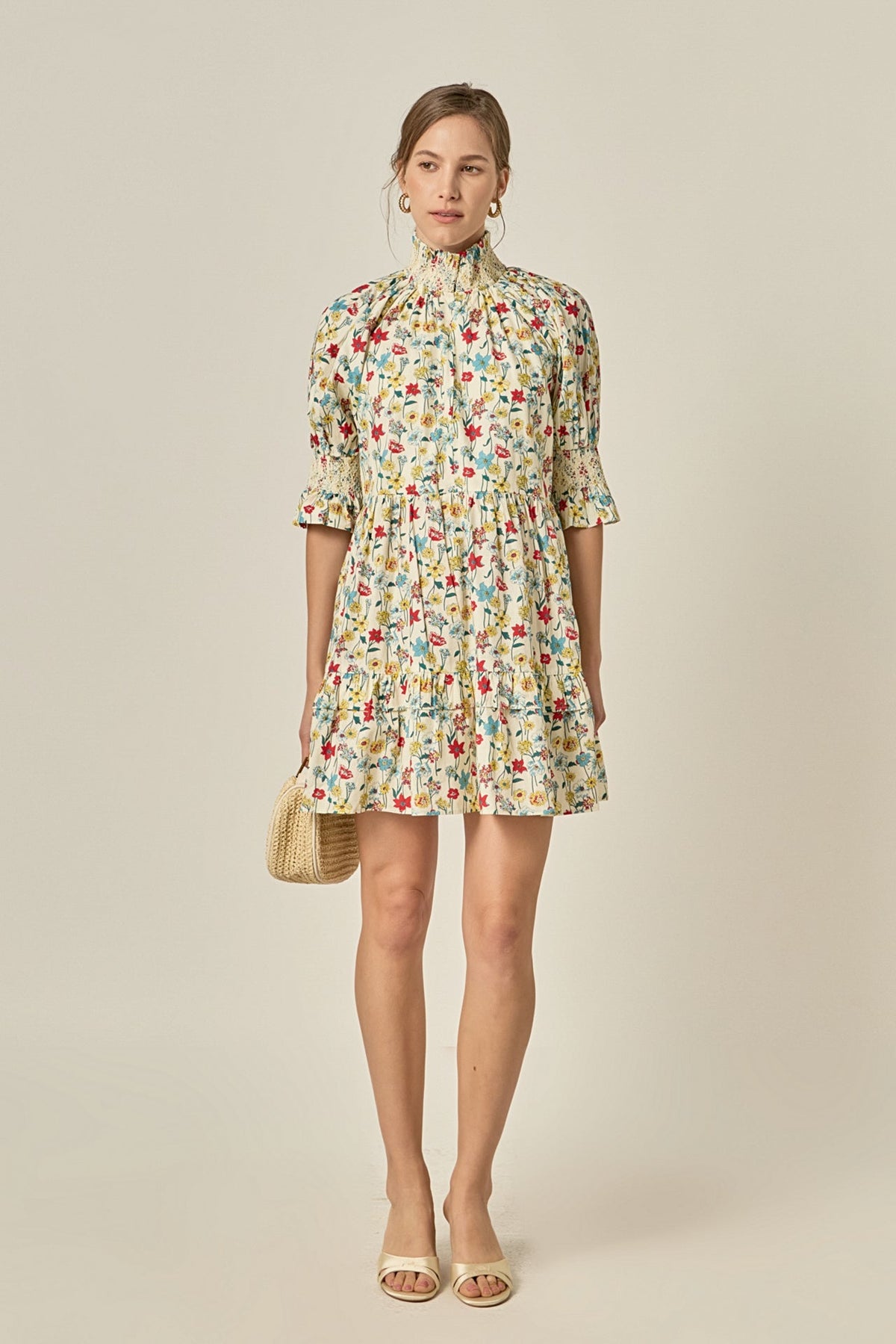 ENGLISH FACTORY - Smocked High Neck Puff Sleeve Mini Dress - DRESSES available at Objectrare