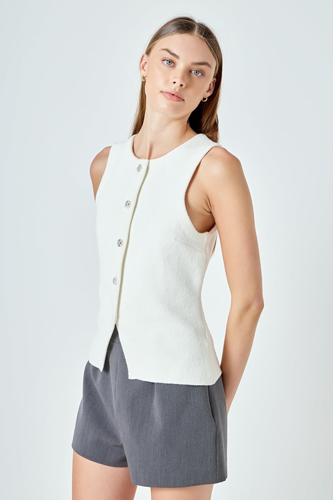 ENDLESS ROSE - Round Neck Buttoned Knit Vest - TOPS available at Objectrare