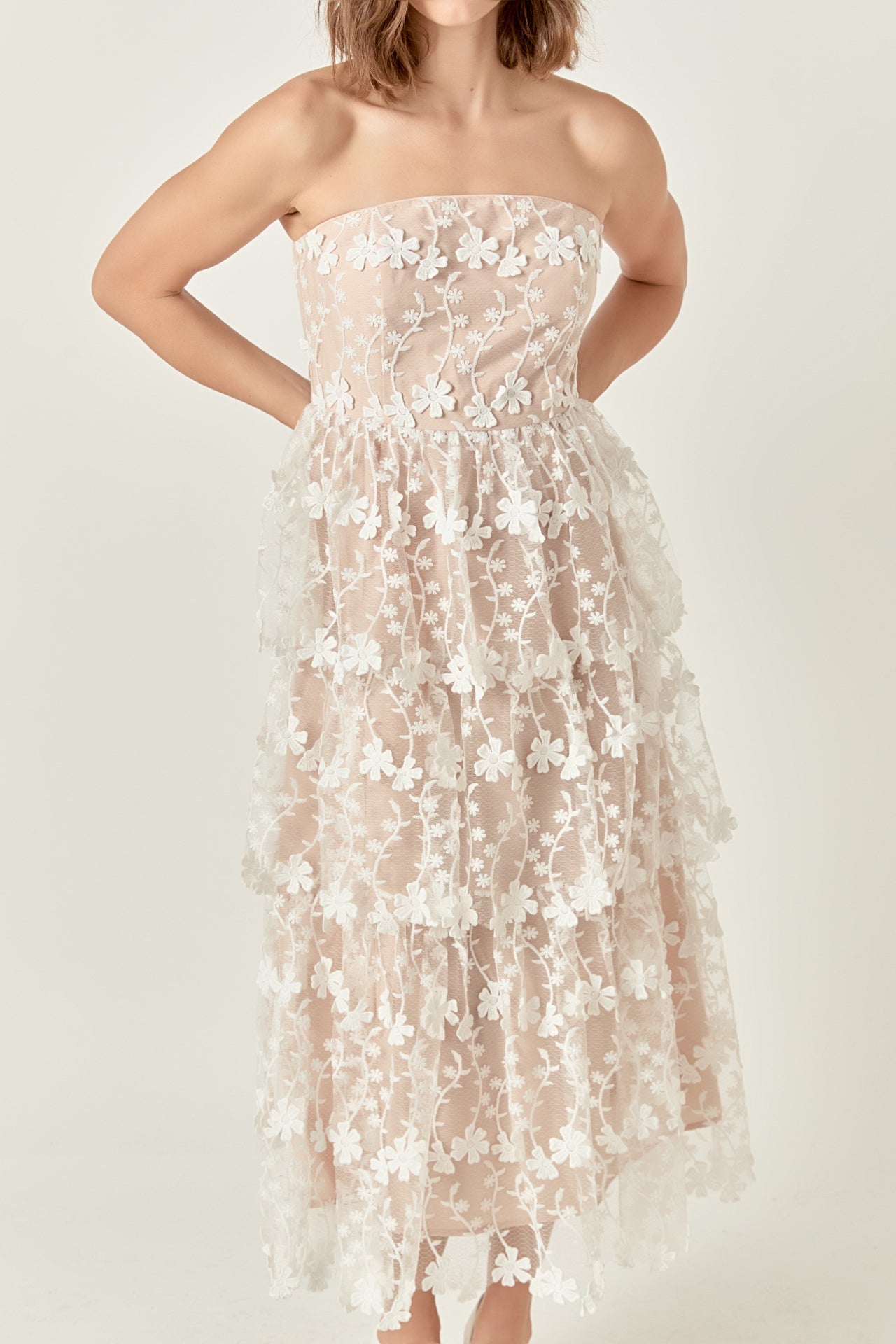 ENDLESS ROSE - Strapless Crochet Layered Midi Dress - DRESSES available at Objectrare