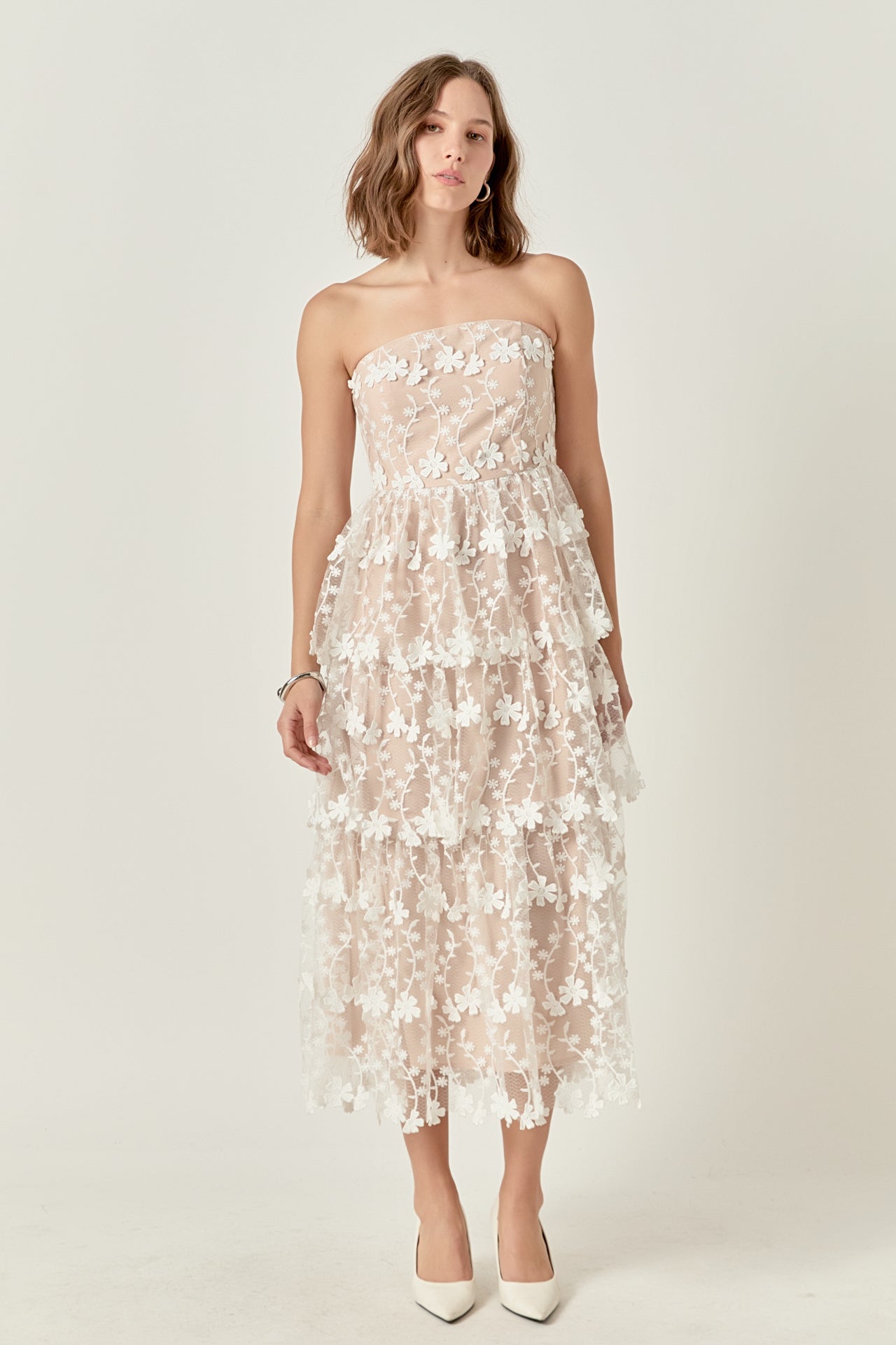 ENDLESS ROSE - Strapless Crochet Layered Midi Dress - DRESSES available at Objectrare