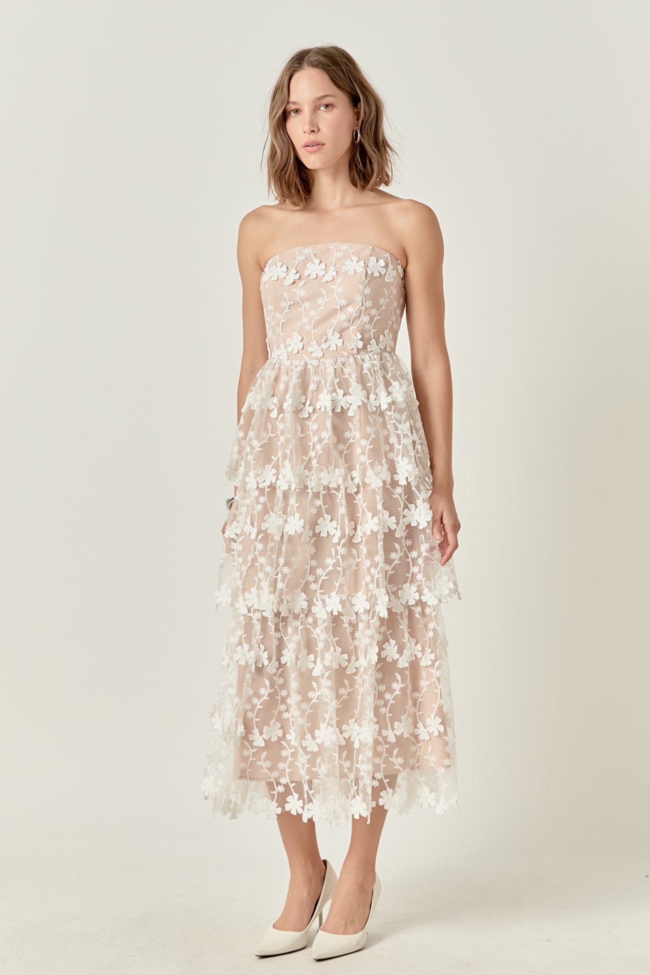 ENDLESS ROSE - Strapless Crochet Layered Midi Dress - DRESSES available at Objectrare