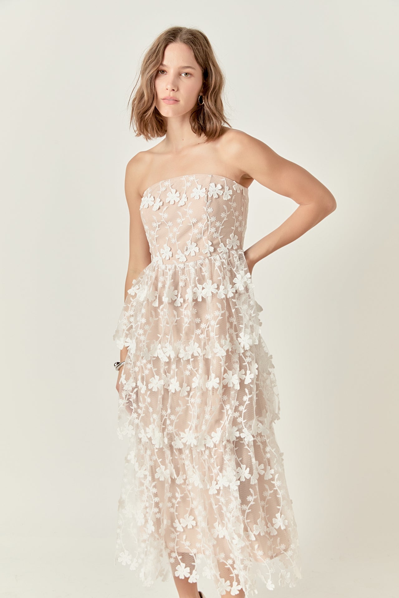 ENDLESS ROSE - Strapless Crochet Layered Midi Dress - DRESSES available at Objectrare