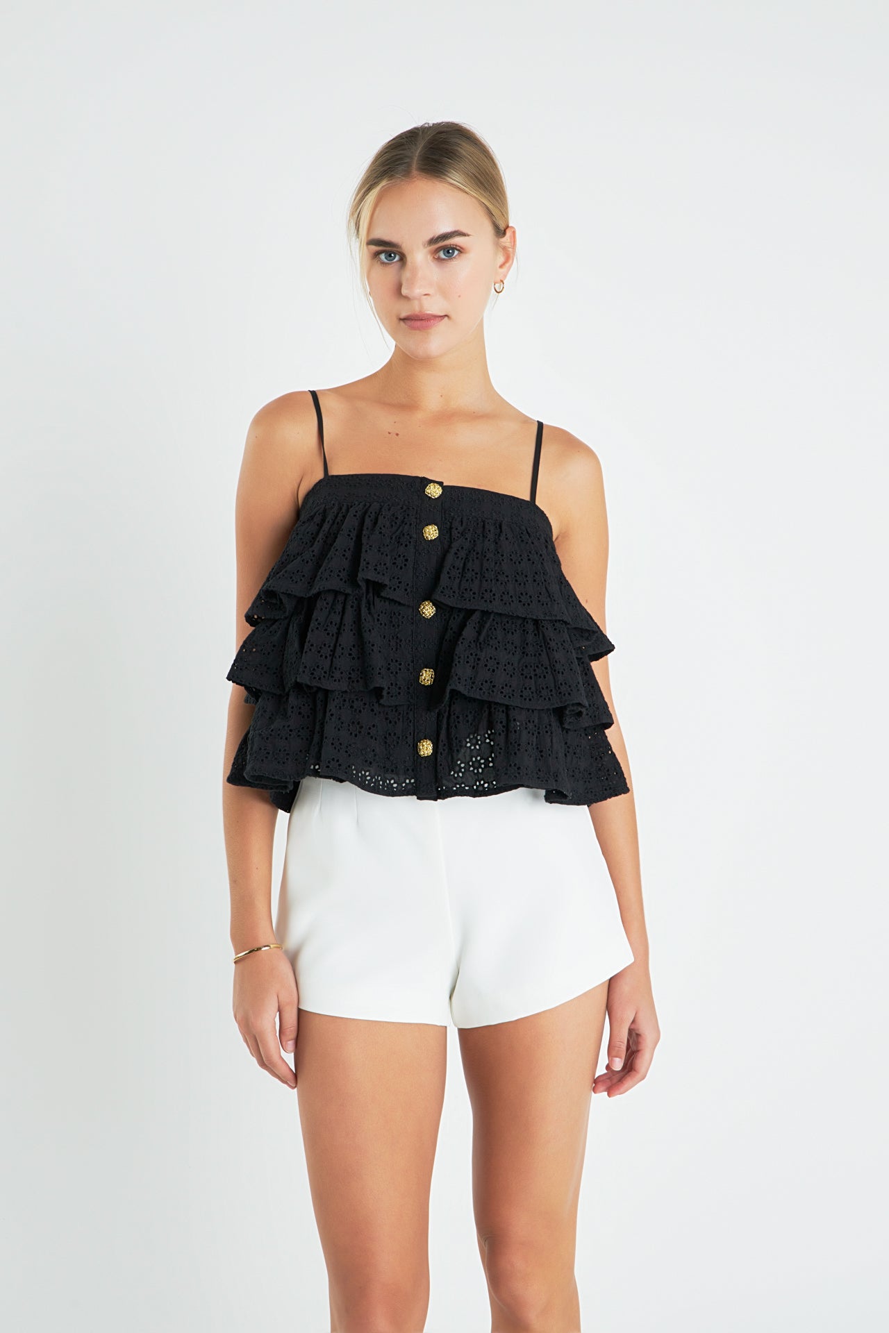 ENGLISH FACTORY - Tiered Broderie Lace Top with Buttons - TOPS available at Objectrare