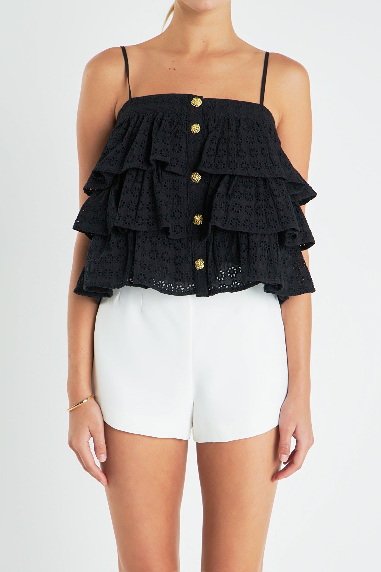 ENGLISH FACTORY - Tiered Broderie Lace Top with Buttons - TOPS available at Objectrare