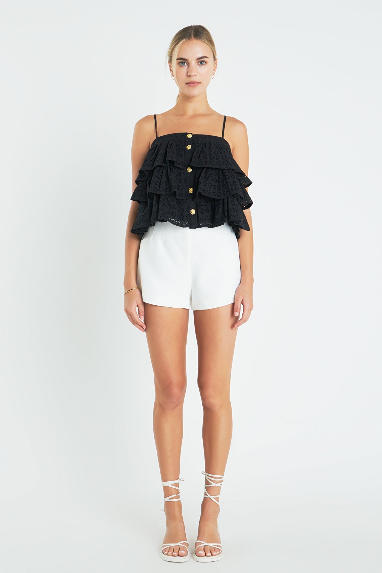 ENGLISH FACTORY - Tiered Broderie Lace Top with Buttons - TOPS available at Objectrare
