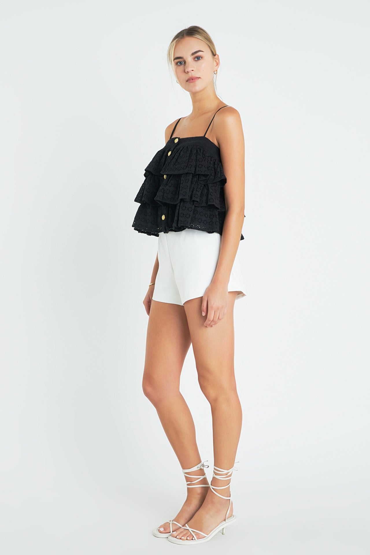 ENGLISH FACTORY - Tiered Broderie Lace Top with Buttons - TOPS available at Objectrare