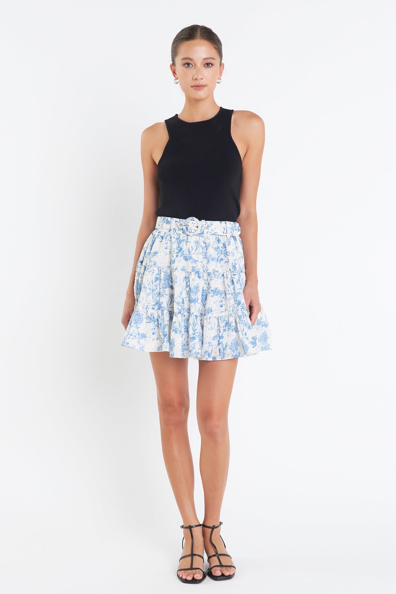 ENGLISH FACTORY - Digital Print Belted Tiered Mini Skirt - SKIRTS available at Objectrare