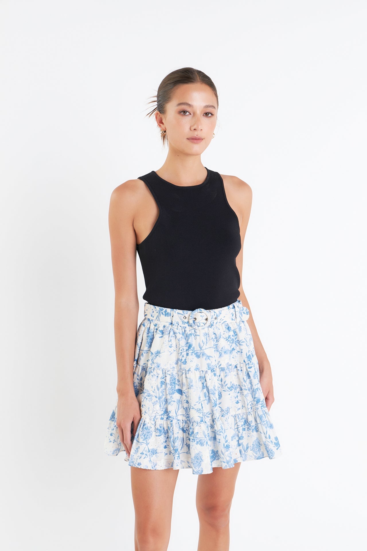 ENGLISH FACTORY - Digital Print Belted Tiered Mini Skirt - SKIRTS available at Objectrare
