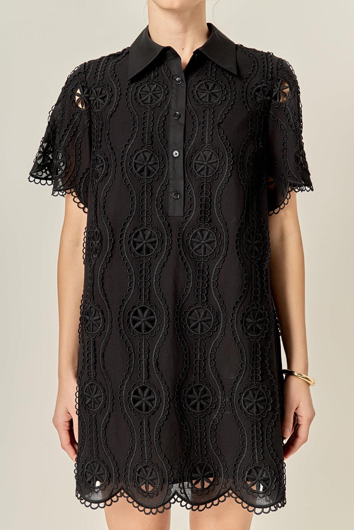 Scallop Embroidered Cotton Mini Shirt Dress