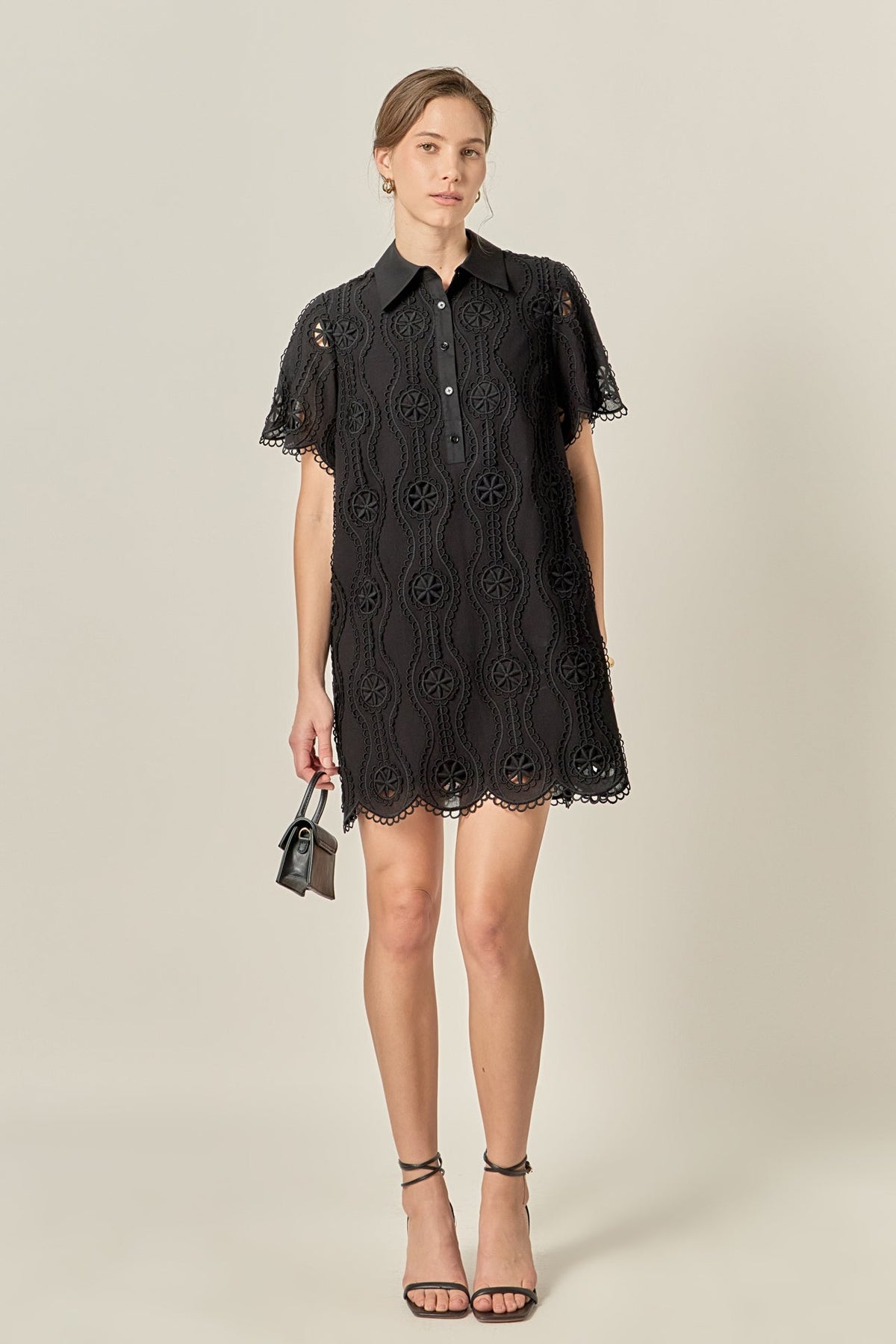 Scallop Embroidered Cotton Mini Shirt Dress