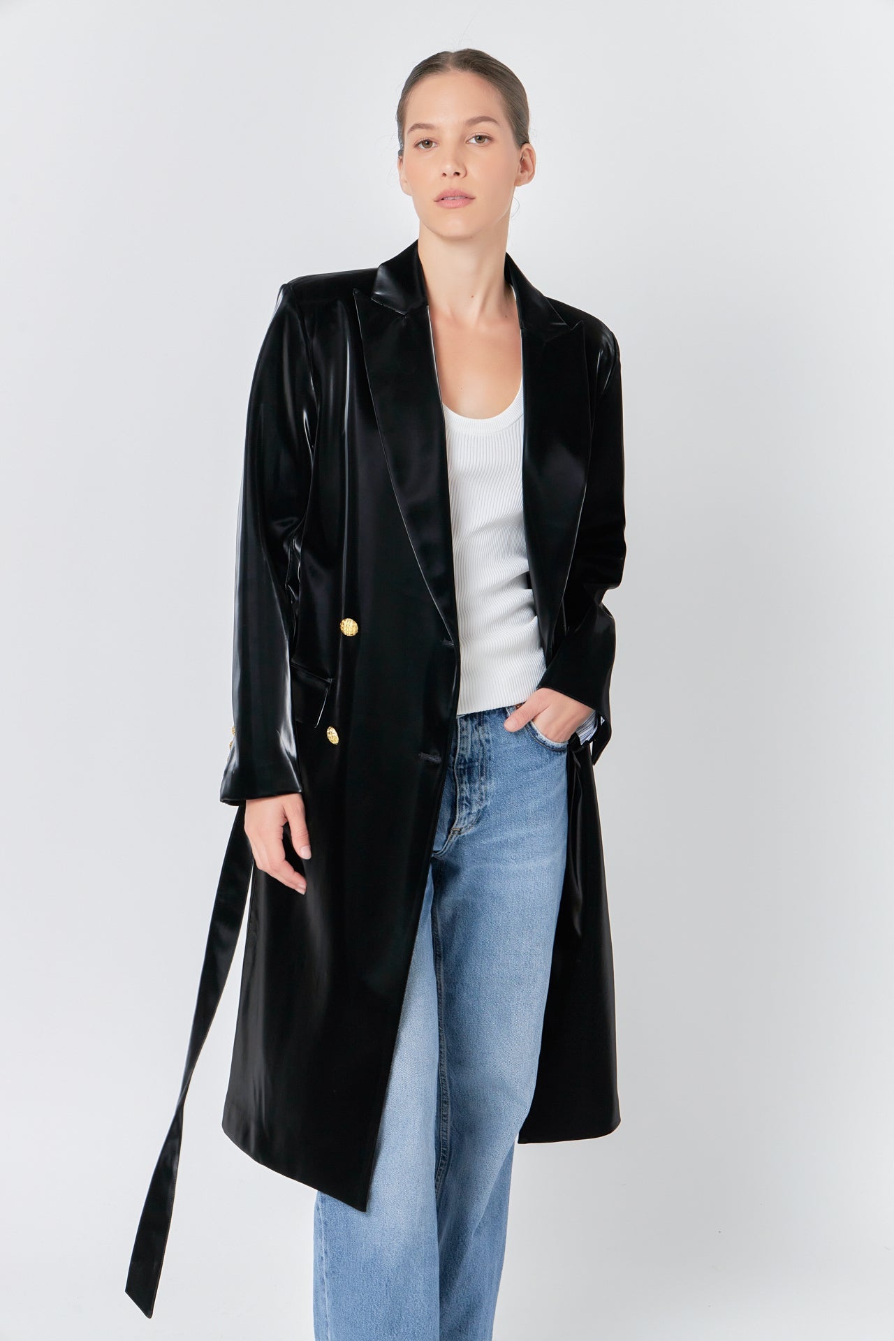 ENDLESS ROSE - Shiny Faux Leather Trench Coat - COATS available at Objectrare