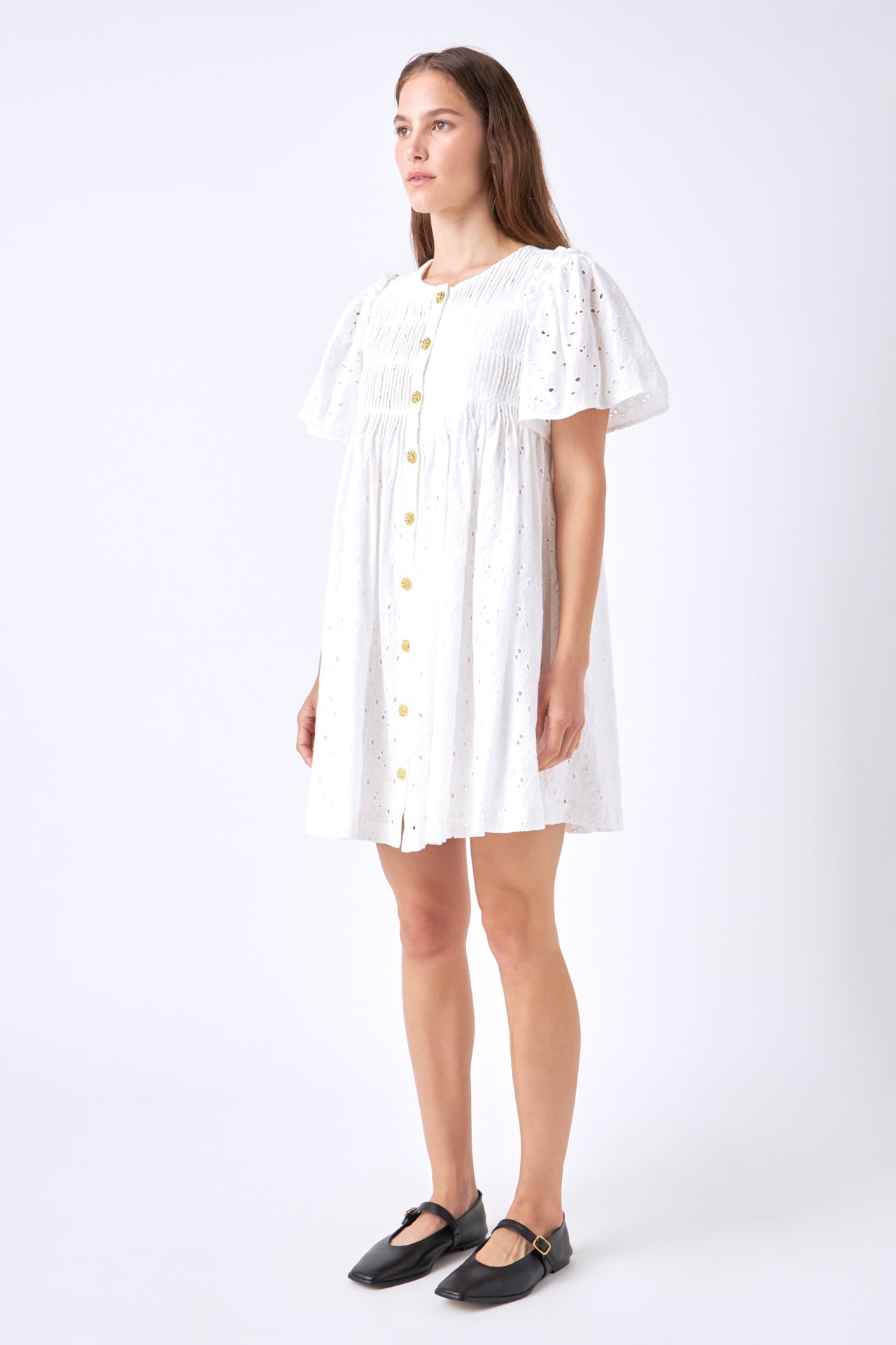 ENGLISH FACTORY - Pleated Eyelet Mini Dress - DRESSES available at Objectrare