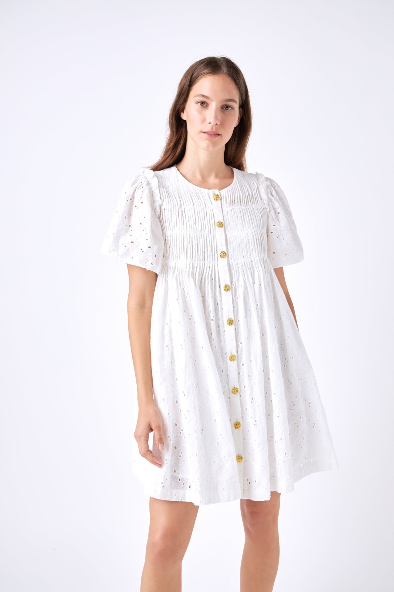 ENGLISH FACTORY - Pleated Eyelet Mini Dress - DRESSES available at Objectrare