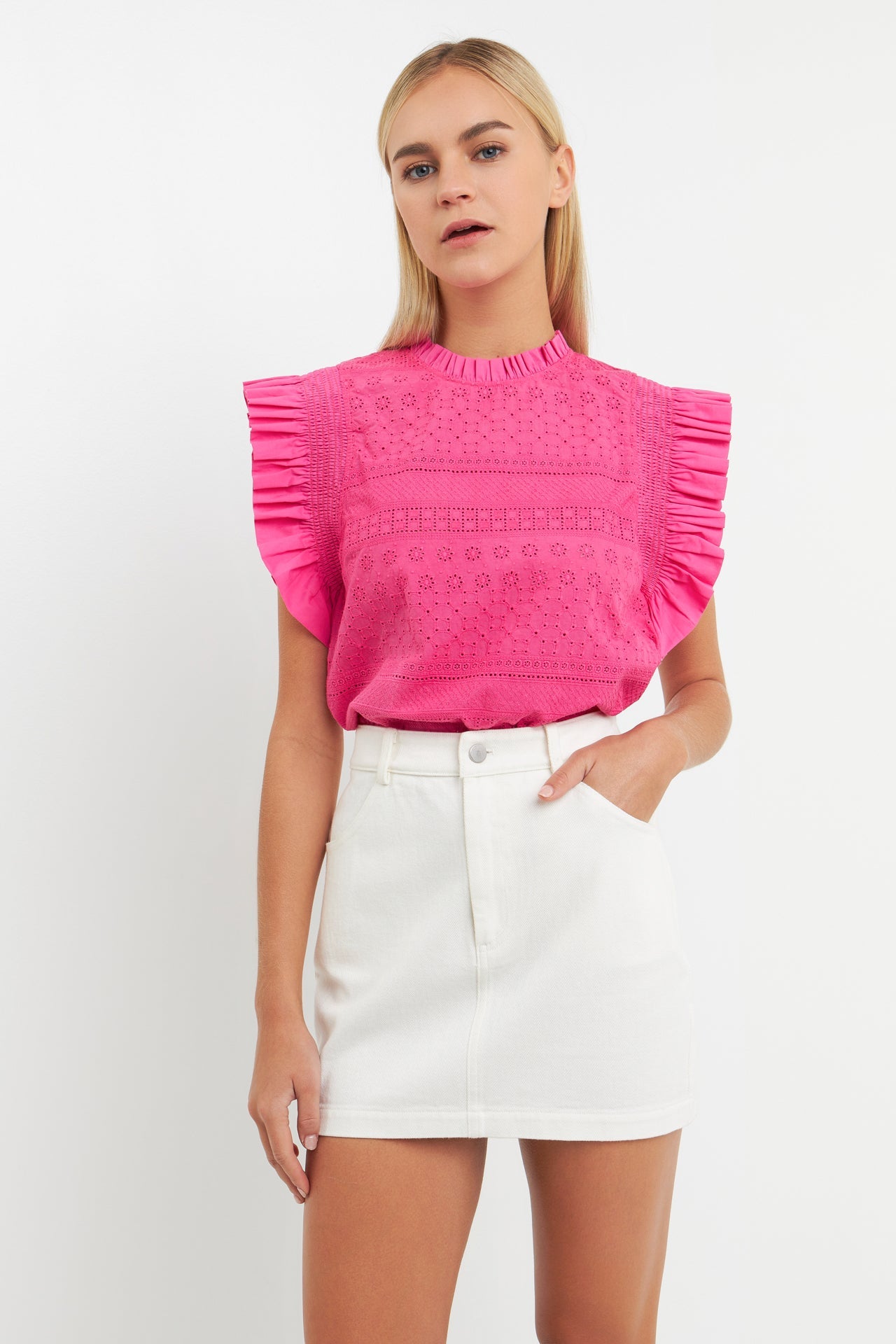 ENGLISH FACTORY - Ruffle Sleeve Embroidered Cotton Top - TOPS available at Objectrare