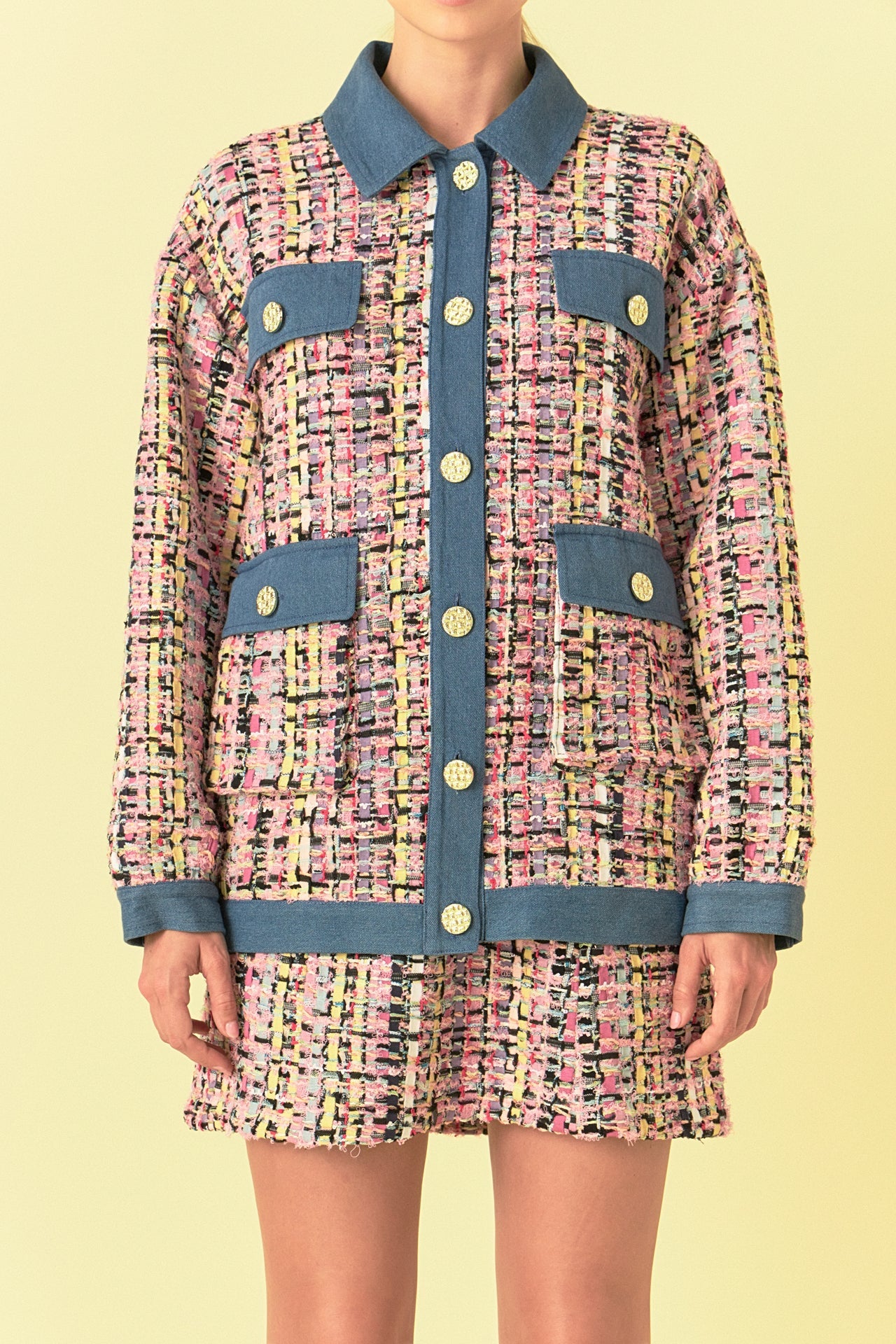 ENDLESS ROSE - Premium Tweed & Denim Combo Jacket - JACKETS available at Objectrare