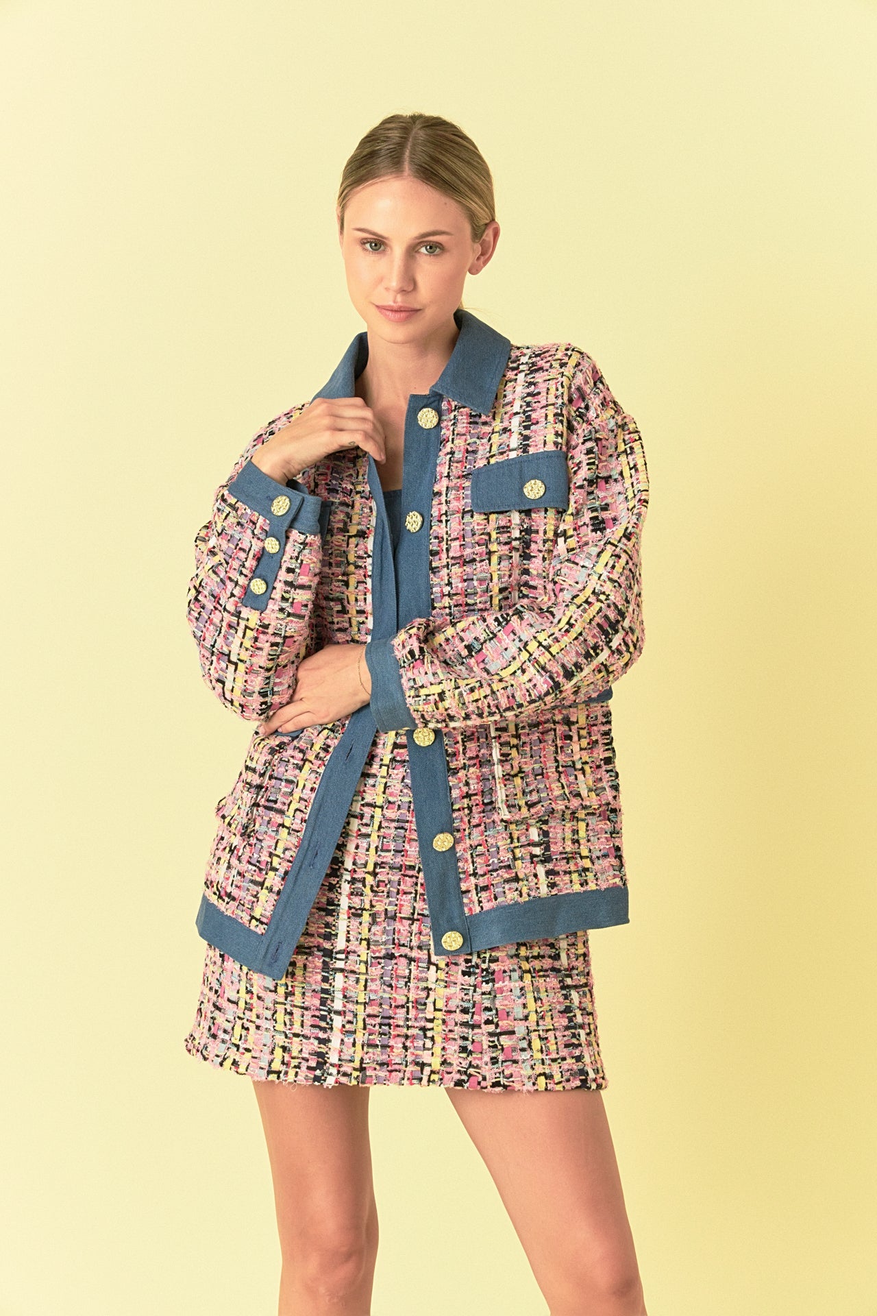 ENDLESS ROSE - Premium Tweed & Denim Combo Jacket - JACKETS available at Objectrare