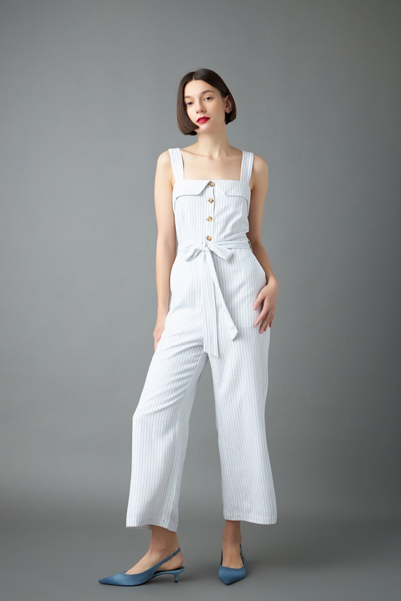 ENGLISH FACTORY - Striped Linen Jumpsuit with Wooden Buttons - JUMPSUITS available at Objectrare