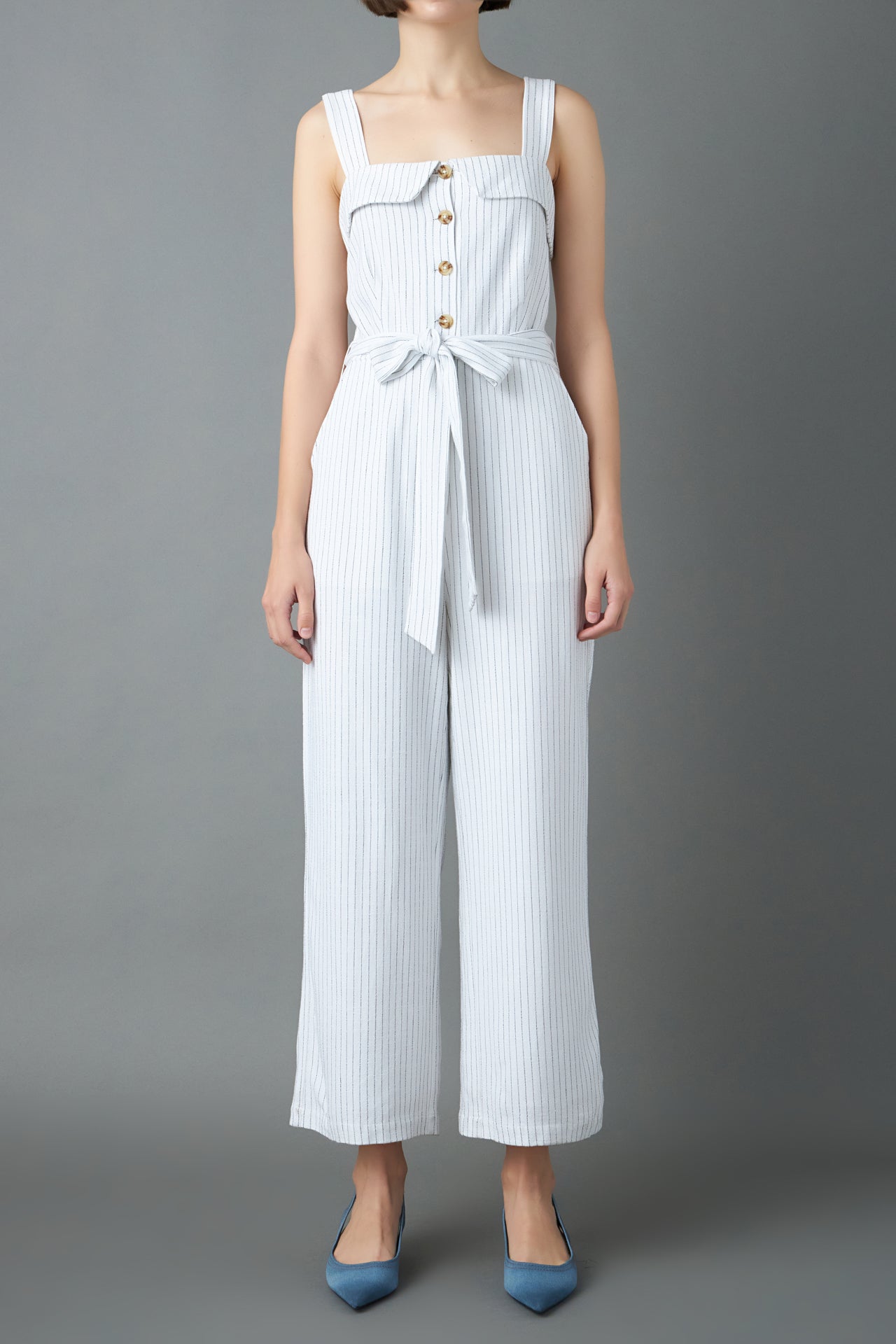 ENGLISH FACTORY - Striped Linen Jumpsuit with Wooden Buttons - JUMPSUITS available at Objectrare