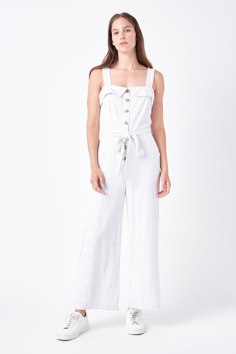 ENGLISH FACTORY - Striped Linen Jumpsuit with Wooden Buttons - JUMPSUITS available at Objectrare