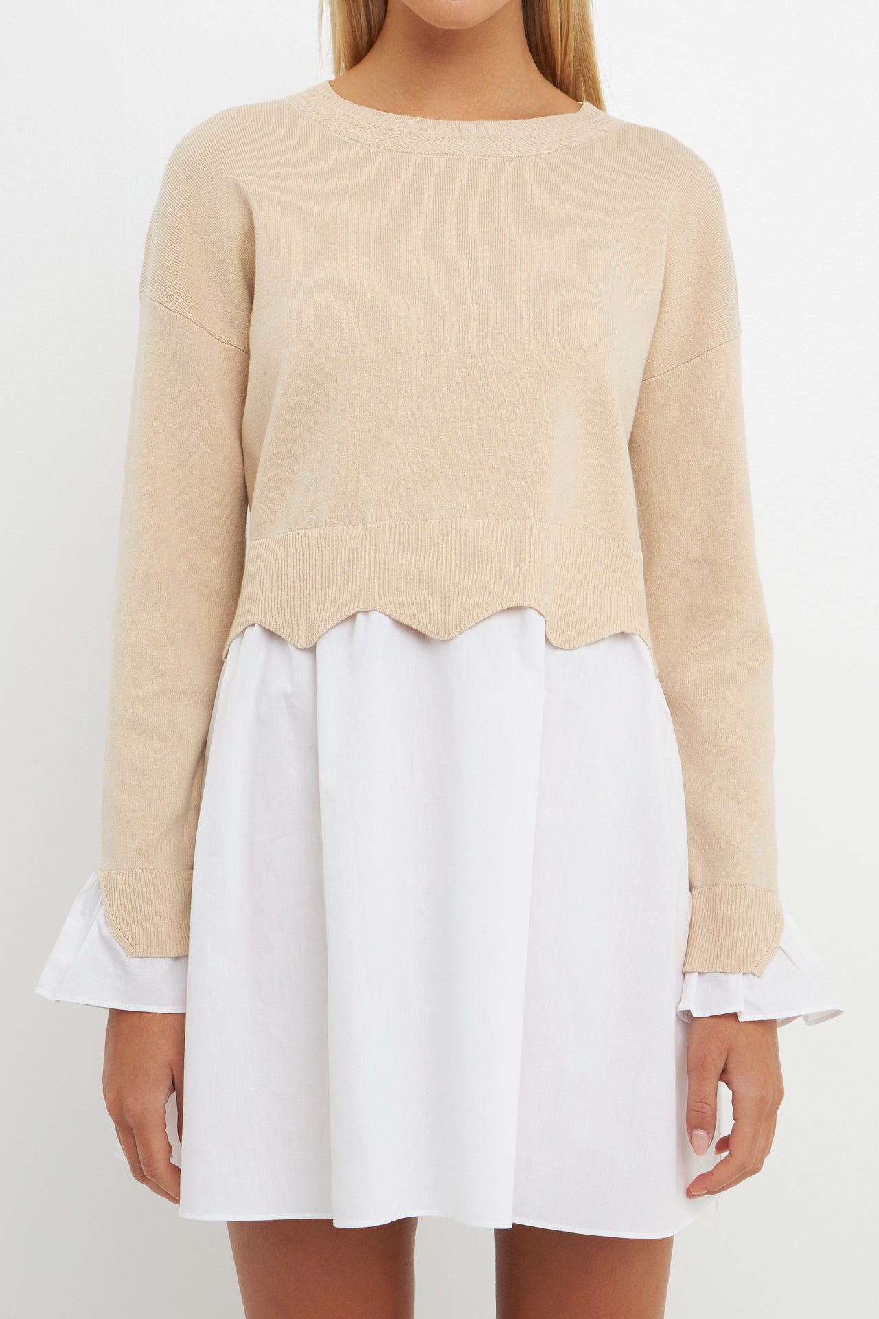 ENGLISH FACTORY - Scalloped Knit Poplin Combo Dress - DRESSES available at Objectrare