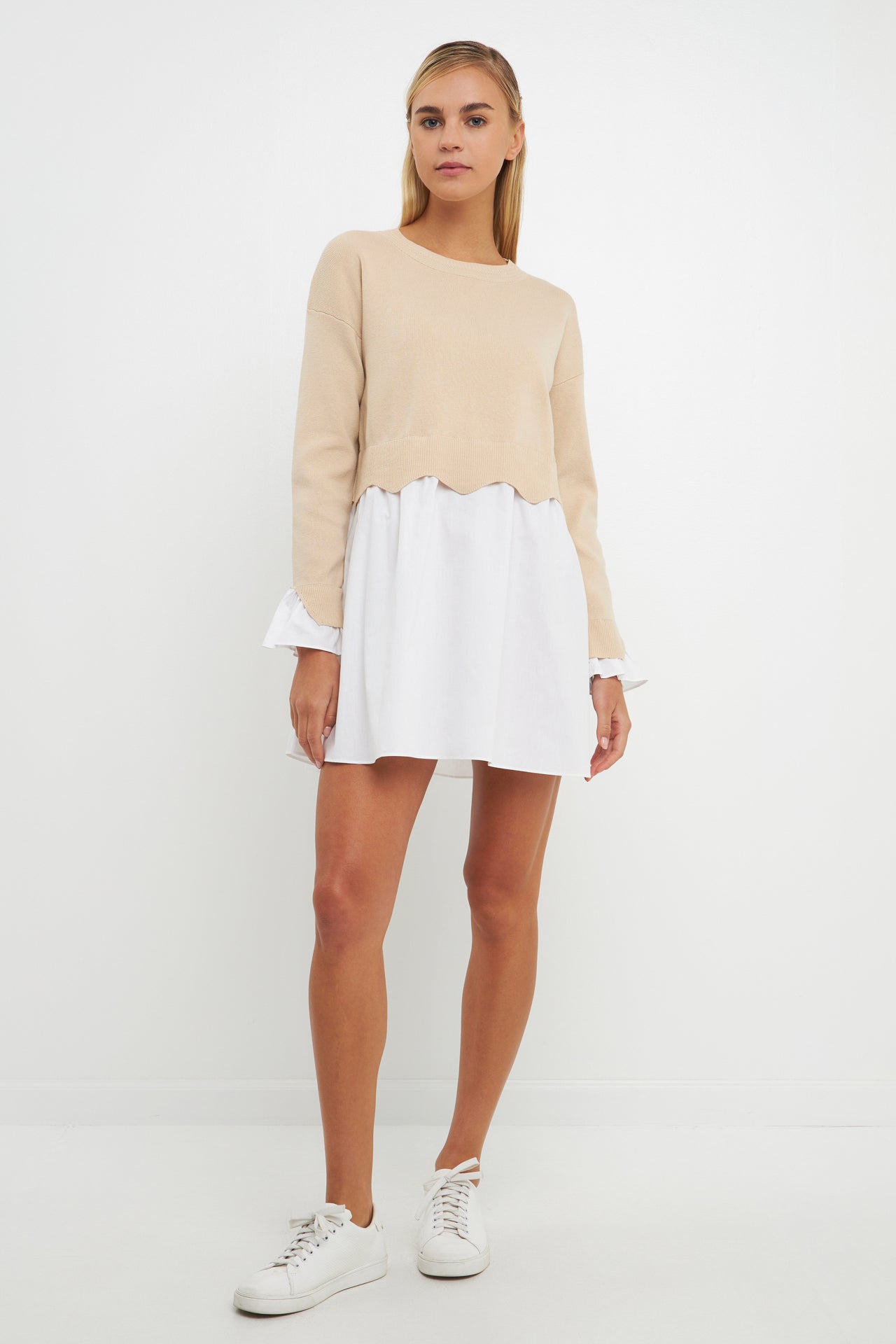 ENGLISH FACTORY - Scalloped Knit Poplin Combo Dress - DRESSES available at Objectrare