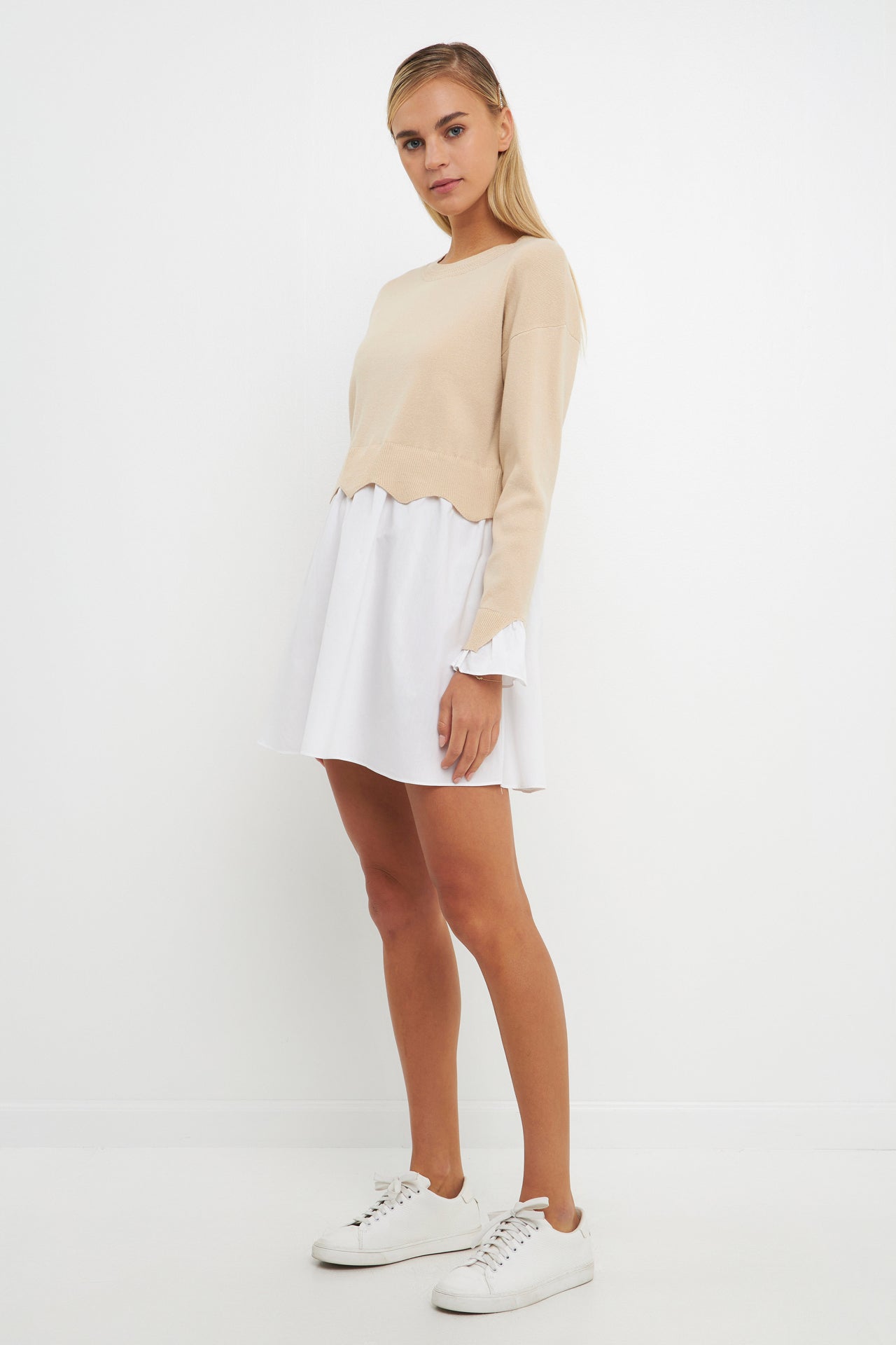 ENGLISH FACTORY - Scalloped Knit Poplin Combo Dress - DRESSES available at Objectrare