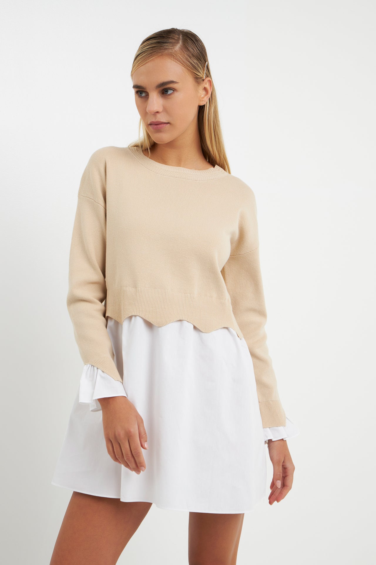 ENGLISH FACTORY - Scalloped Knit Poplin Combo Dress - DRESSES available at Objectrare