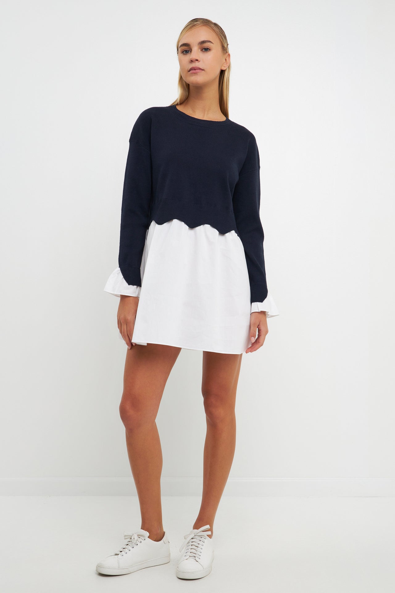 ENGLISH FACTORY - Scalloped Knit Poplin Combo Dress - DRESSES available at Objectrare