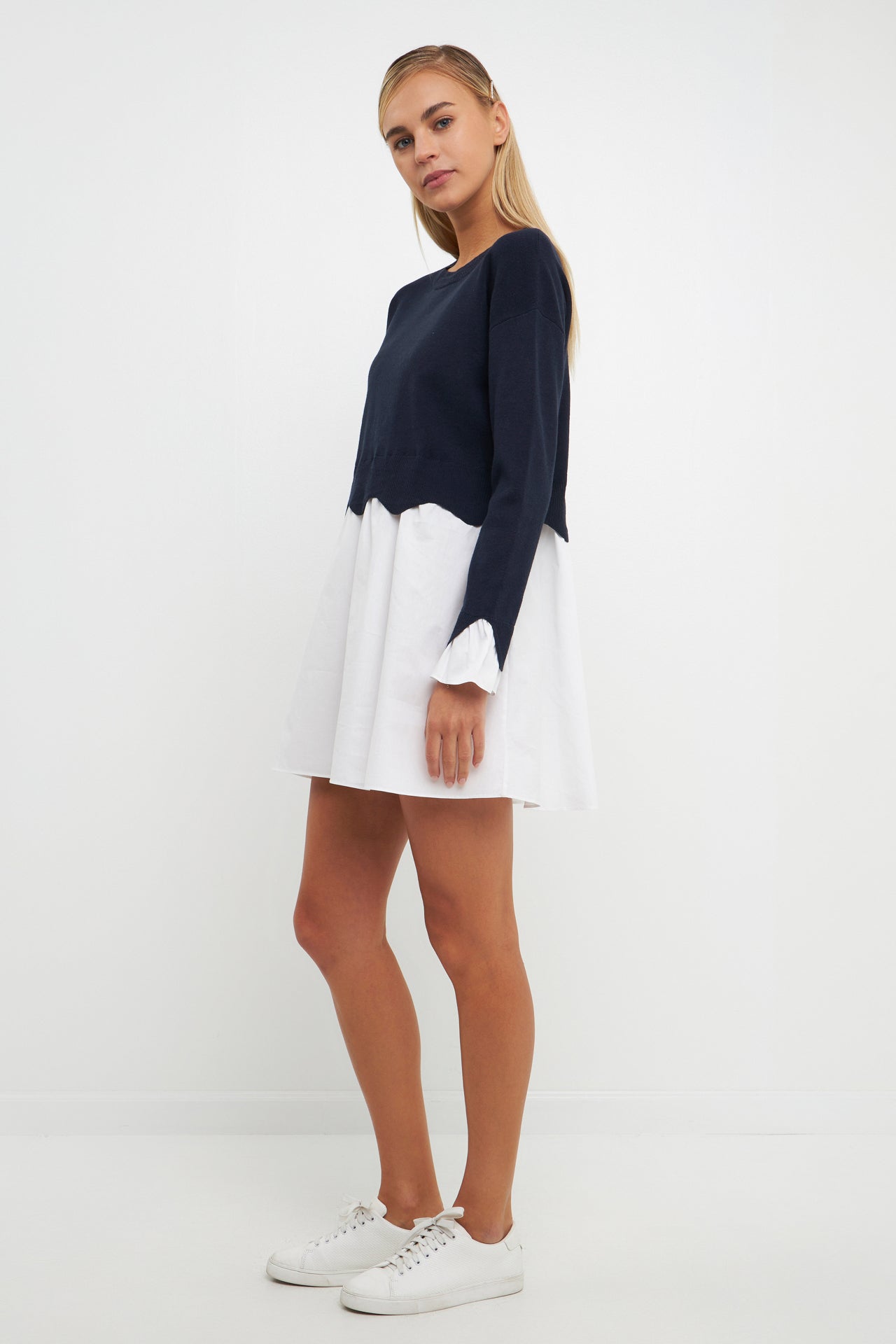 ENGLISH FACTORY - Scalloped Knit Poplin Combo Dress - DRESSES available at Objectrare