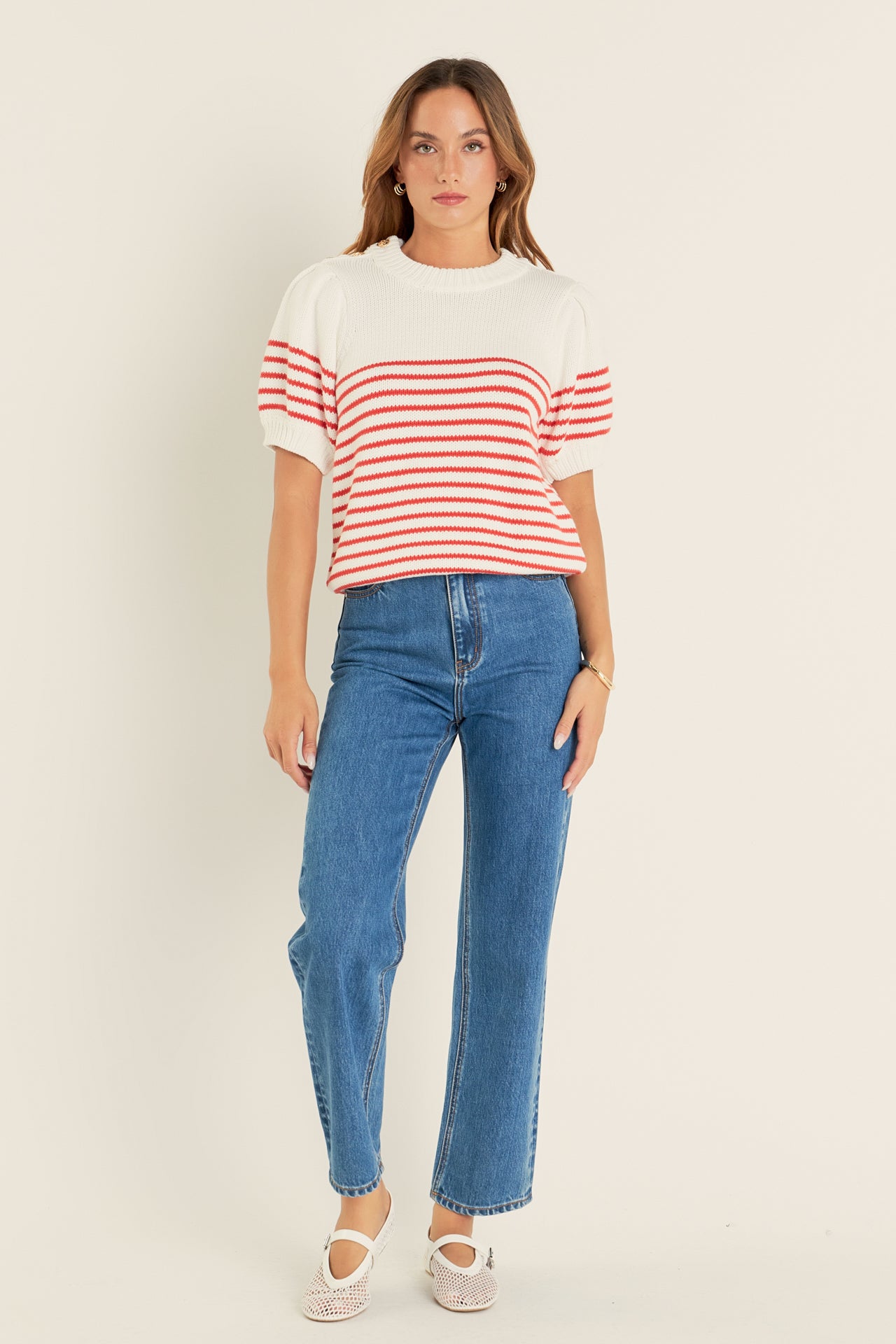 ENGLISH FACTORY - Striped Short Puff Sleeve Sweater with Buttons - SWEATERS & KNITS available at Objectrare