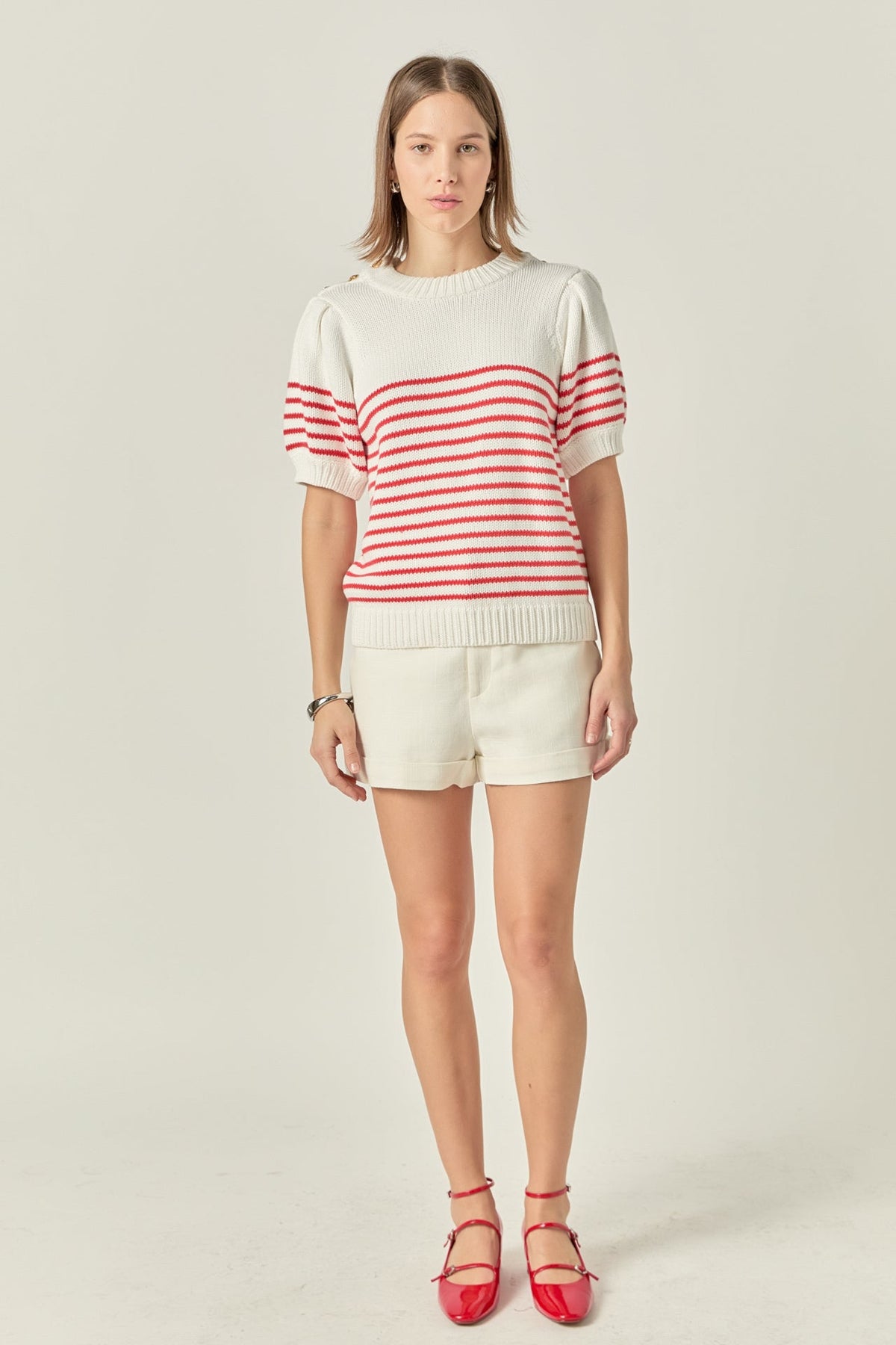 Short Puff Sleeve Striped Sweater with Buttons