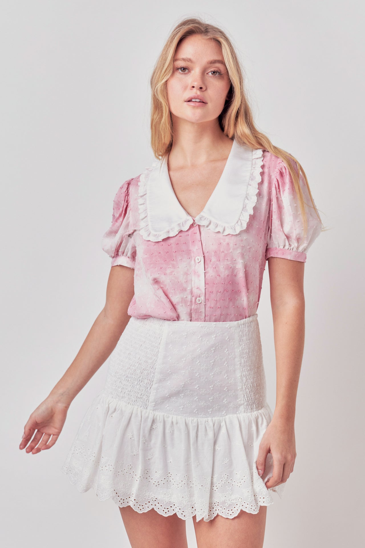 FREE THE ROSES - Swiss Dot Tie Dye Ruffle Collared Puff Sleeve Blouse - TOPS available at Objectrare