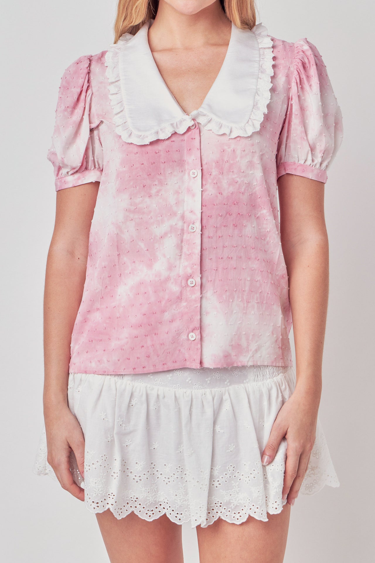 FREE THE ROSES - Swiss Dot Tie Dye Ruffle Collared Puff Sleeve Blouse - TOPS available at Objectrare