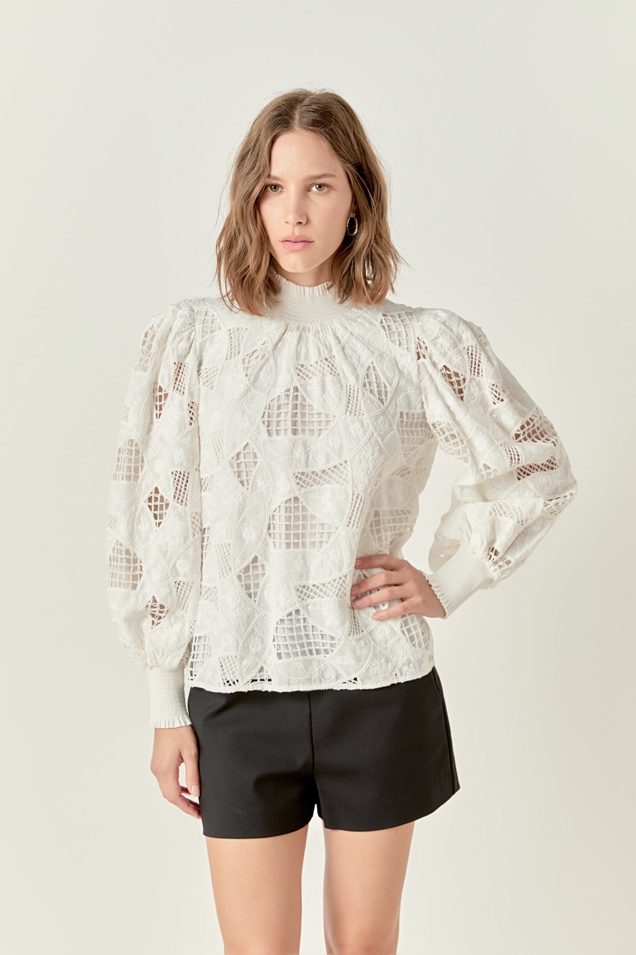 ENGLISH FACTORY - Embroidered Cotton Blouse with Smocked Neck - SHIRTS & BLOUSES available at Objectrare