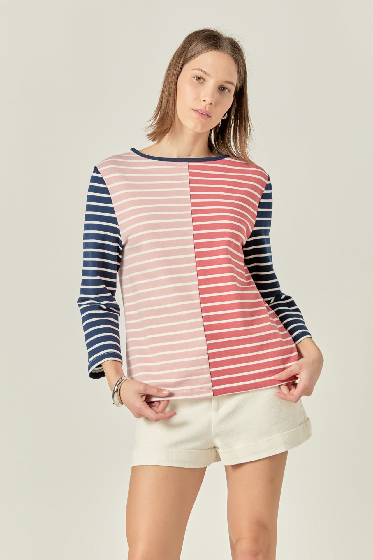 ENGLISH FACTORY - Striped Color Blocked 3/4 Length Sleeve Tee - TOPS available at Objectrare