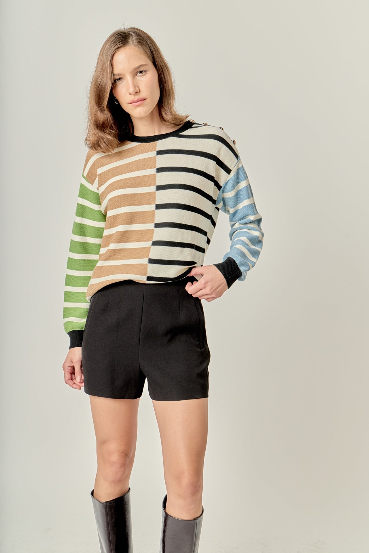ENGLISH FACTORY - Striped Combo Sweater with Buttons - SWEATERS & KNITS available at Objectrare