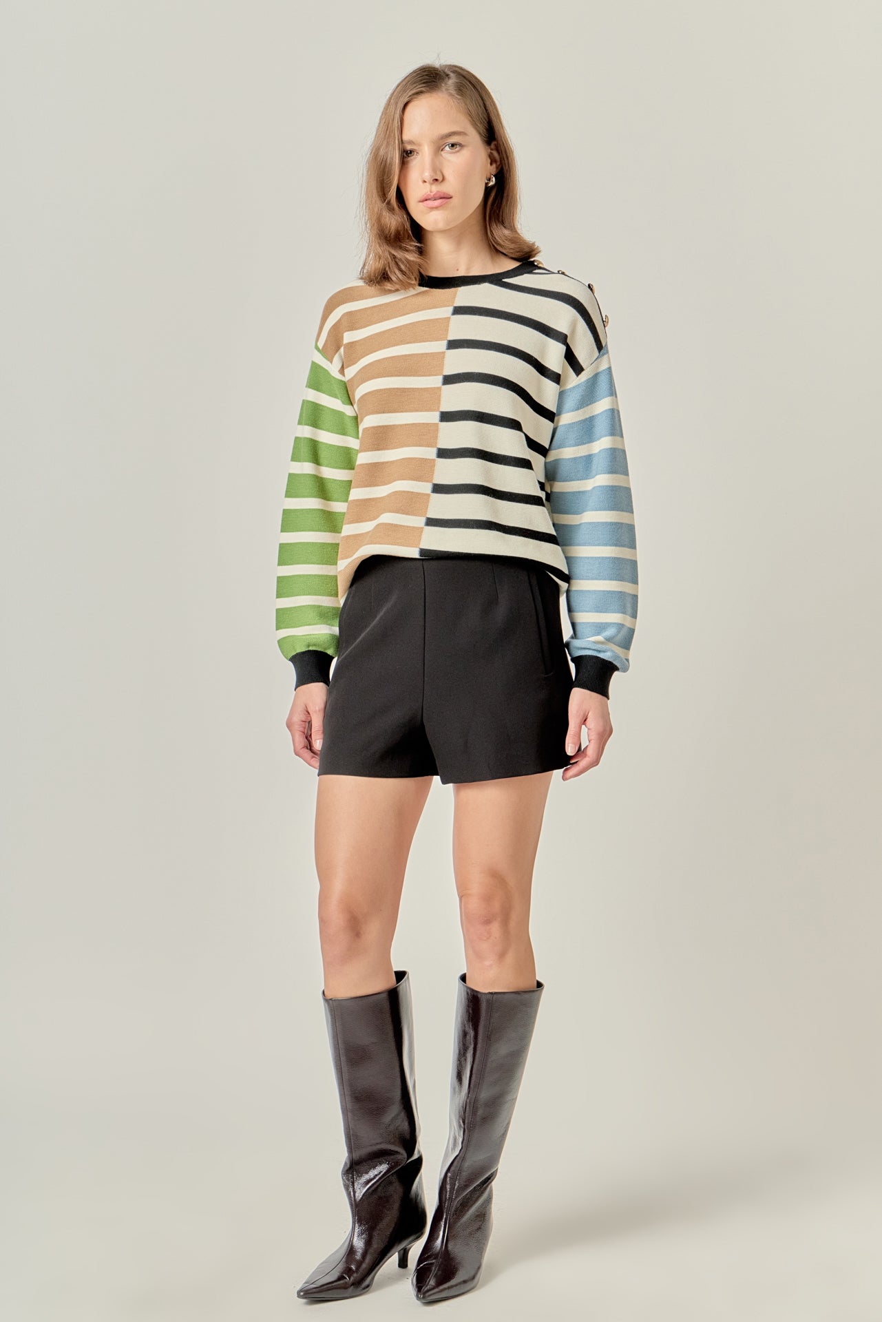 ENGLISH FACTORY - Striped Combo Sweater with Buttons - SWEATERS & KNITS available at Objectrare