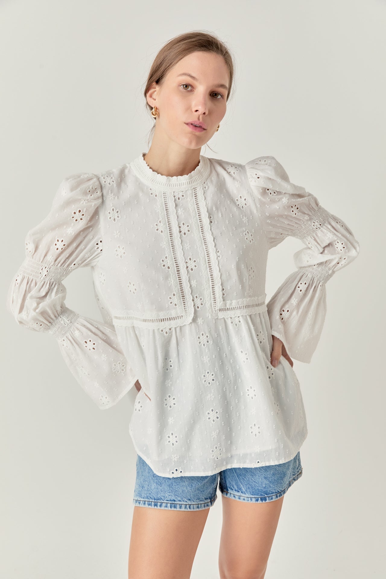 ENGLISH FACTORY - Embroidered Swiss Dot Ruched Sleeve Top - TOPS available at Objectrare