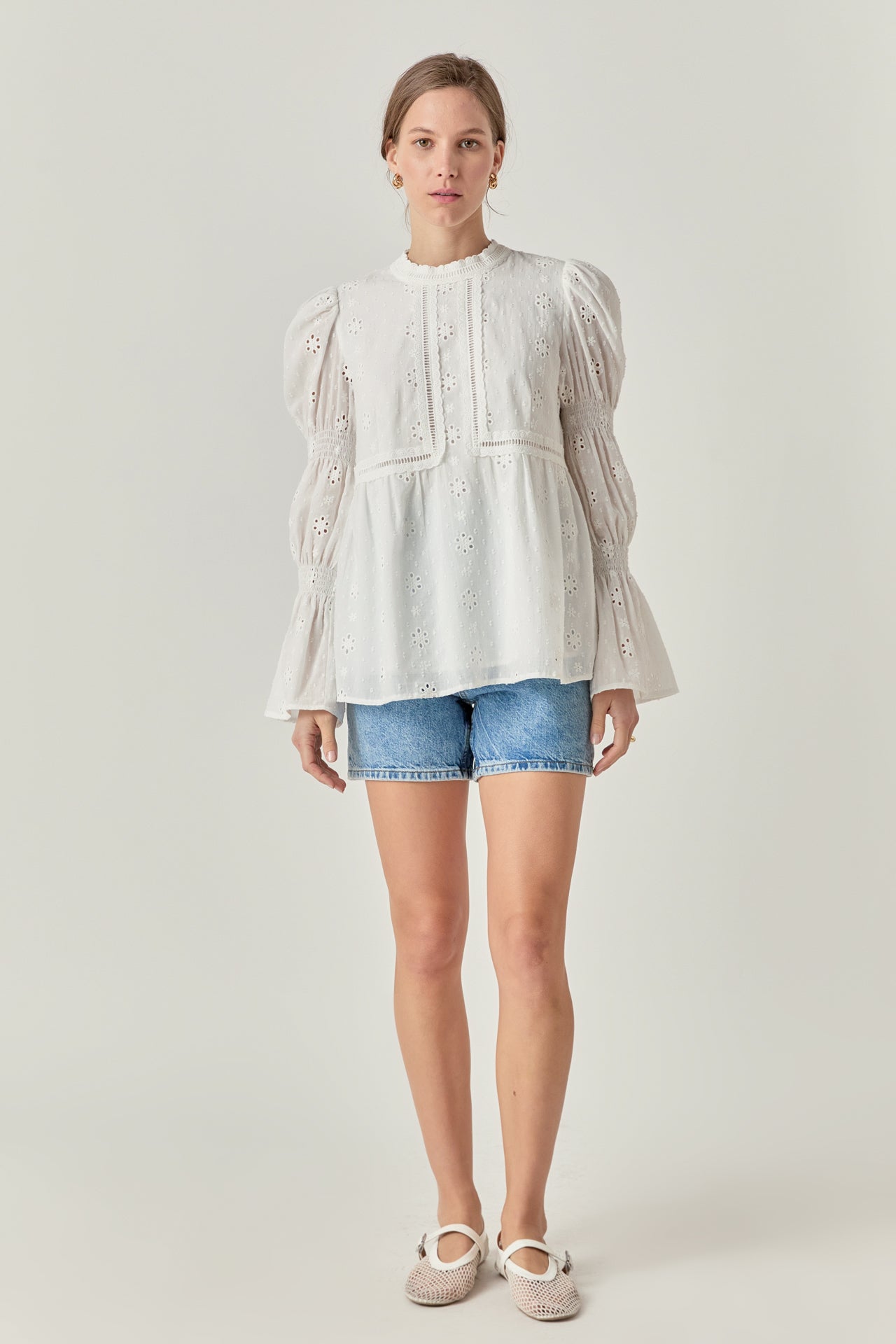 ENGLISH FACTORY - Embroidered Swiss Dot Ruched Sleeve Top - TOPS available at Objectrare