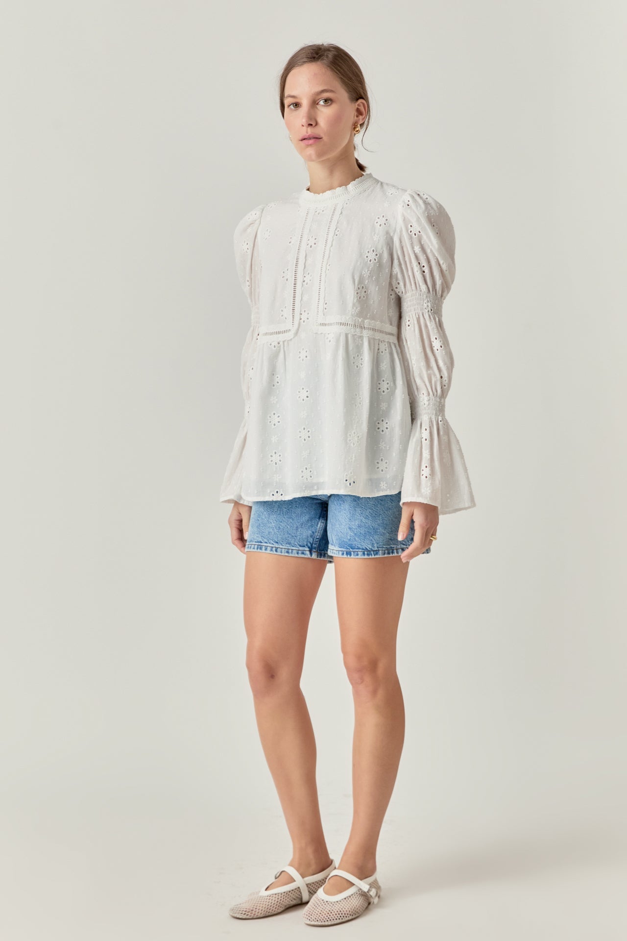 ENGLISH FACTORY - Embroidered Swiss Dot Ruched Sleeve Top - TOPS available at Objectrare