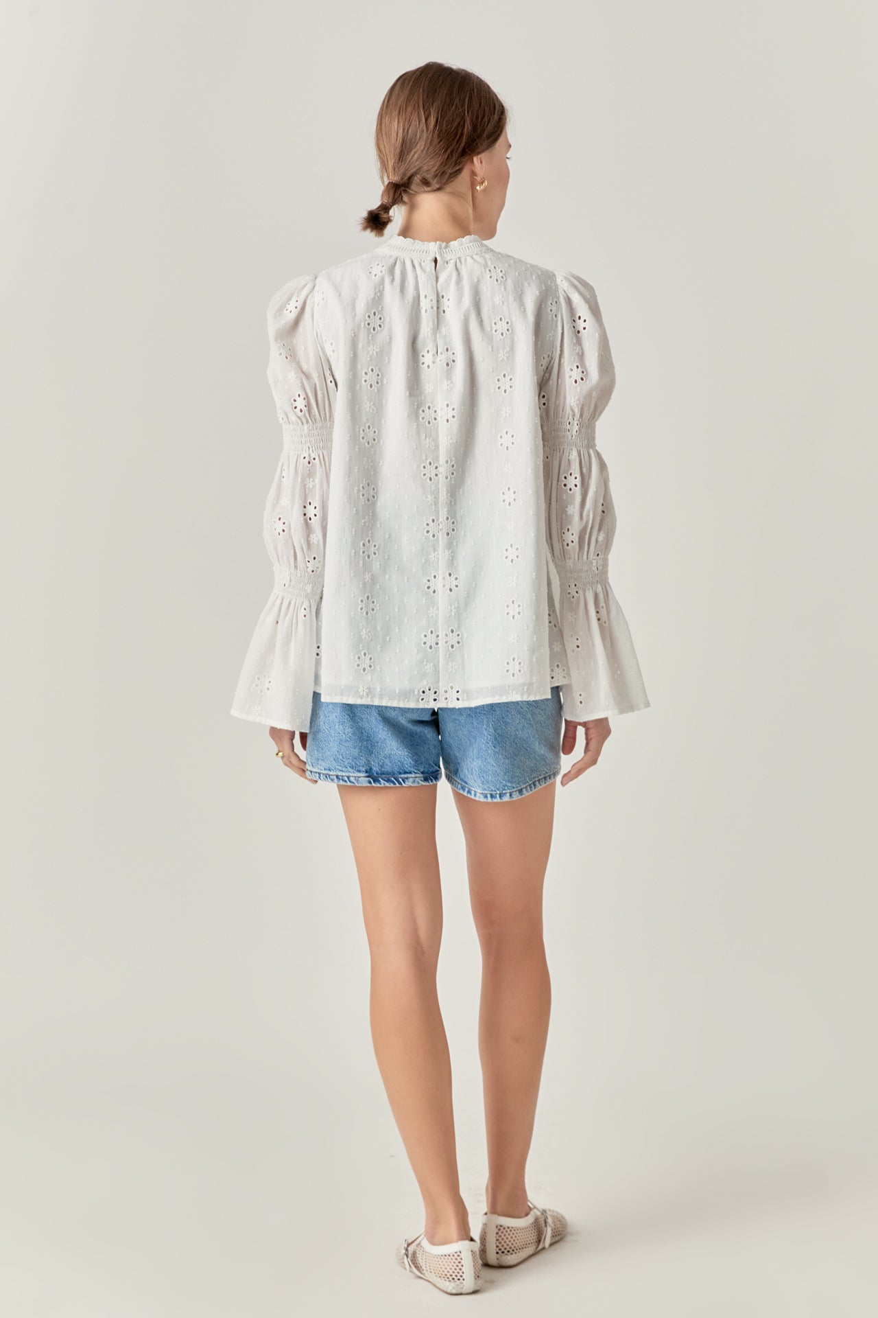 ENGLISH FACTORY - Embroidered Swiss Dot Ruched Sleeve Top - TOPS available at Objectrare