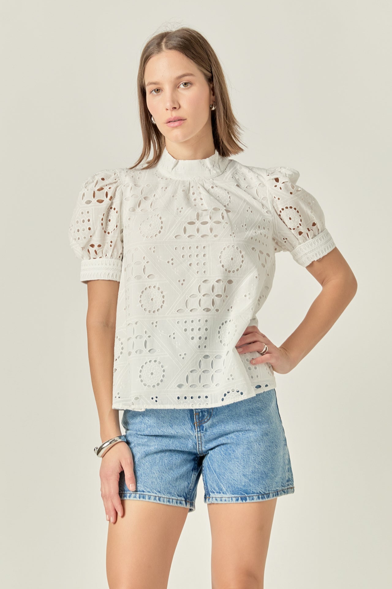 ENGLISH FACTORY - Broderie Anglaise Puff Sleeve Top - TOPS available at Objectrare