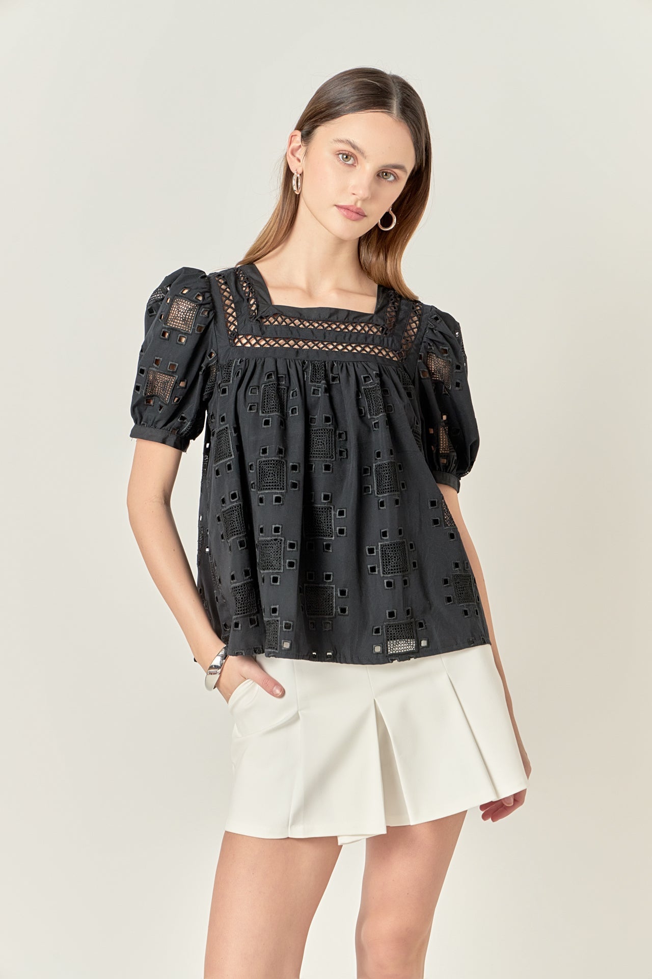 ENGLISH FACTORY - Square Neck Embroidered Top - TOPS available at Objectrare