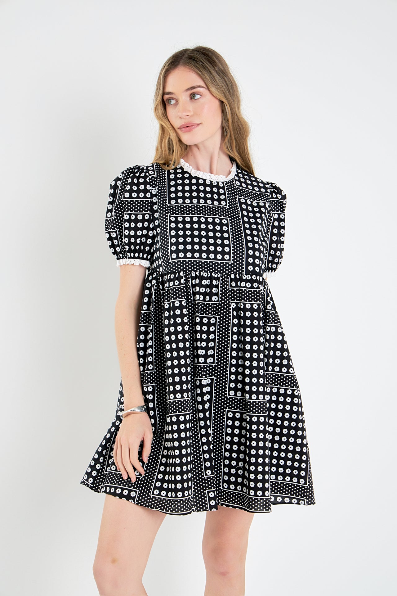 ENGLISH FACTORY - Printed Puff Sleeve Babydoll Mini Dress - DRESSES available at Objectrare