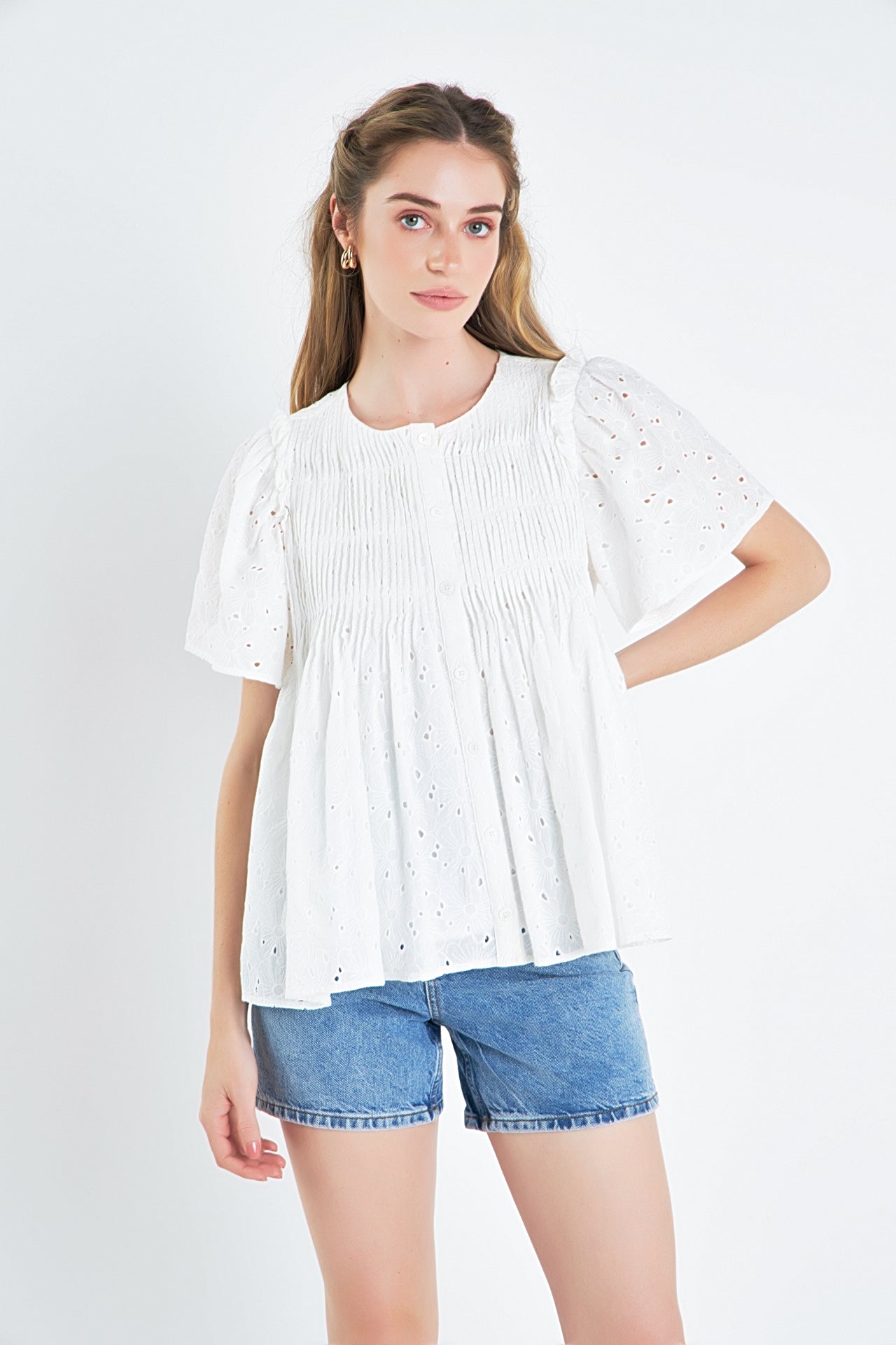 ENGLISH FACTORY - Pleated Eyelet Top - TOPS available at Objectrare