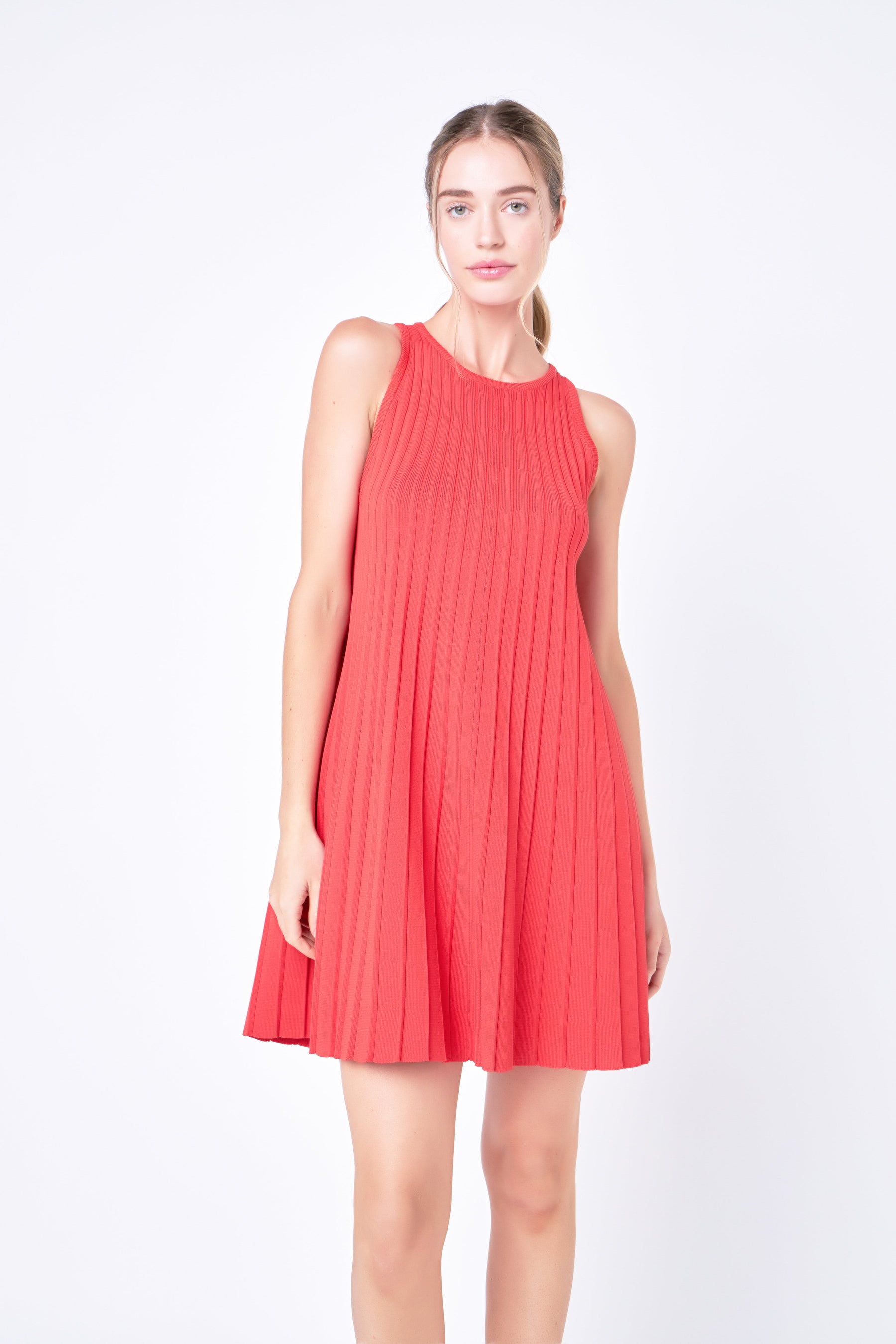 ENGLISH FACTORY - Pleated A-line Knit Mini Dress in Red - DRESSES available at Objectrare