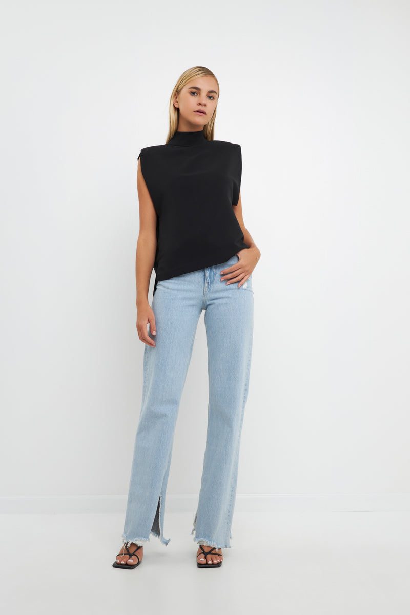 ENGLISH FACTORY - Mock Neck Shoulder Pad Top - TOPS available at Objectrare