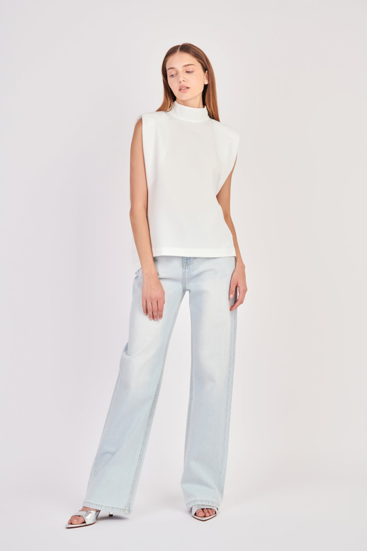 ENGLISH FACTORY - Mock Neck Shoulder Pad Top - TOPS available at Objectrare