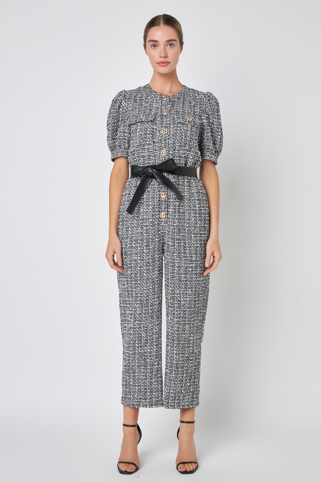 ENGLISH FACTORY - Tweed Puff Sleeve Jumpsuit - JUMPSUITS available at Objectrare